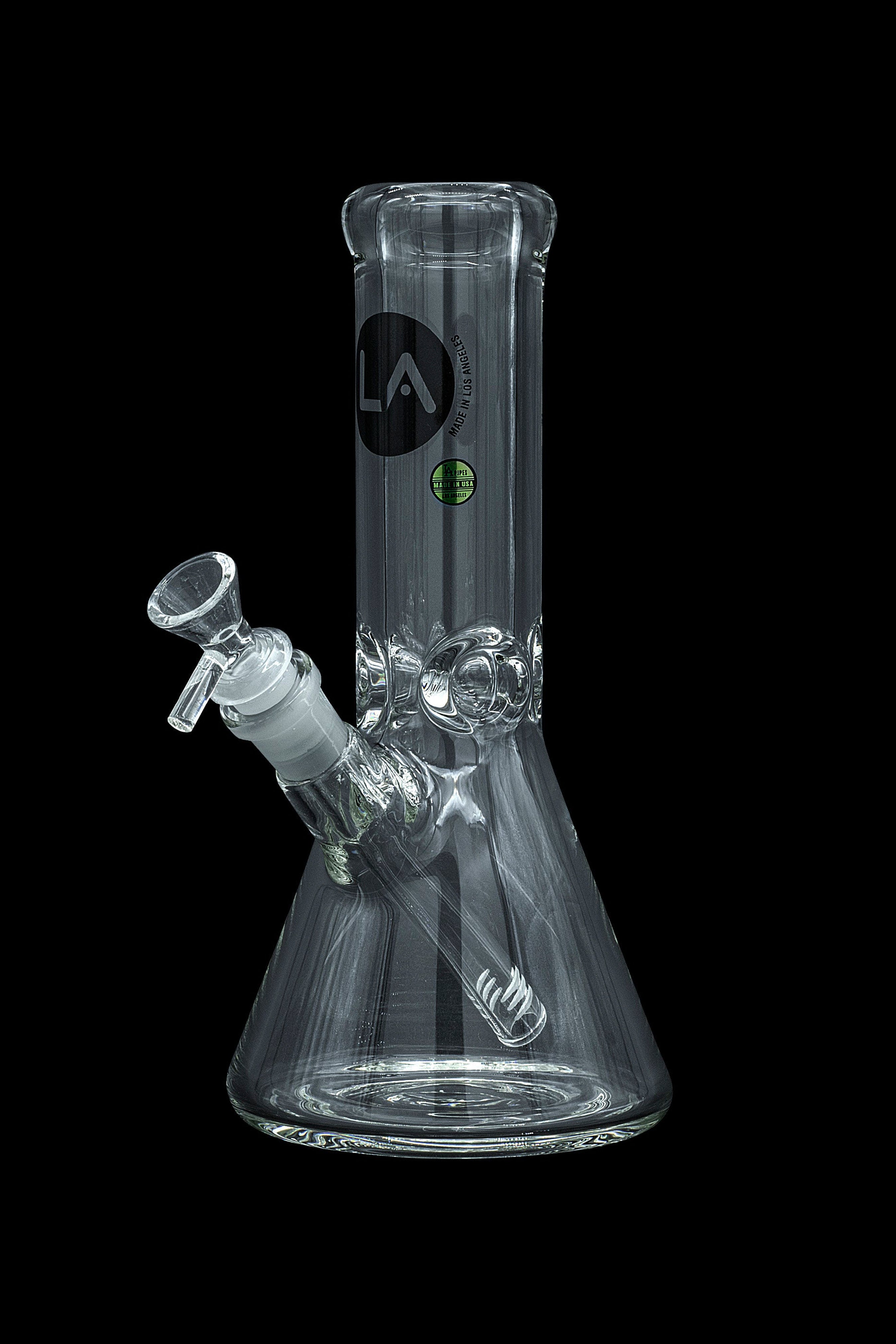 Clear glass water pipe (bong) with intricate swirling patterns and a glass bowl attachment.