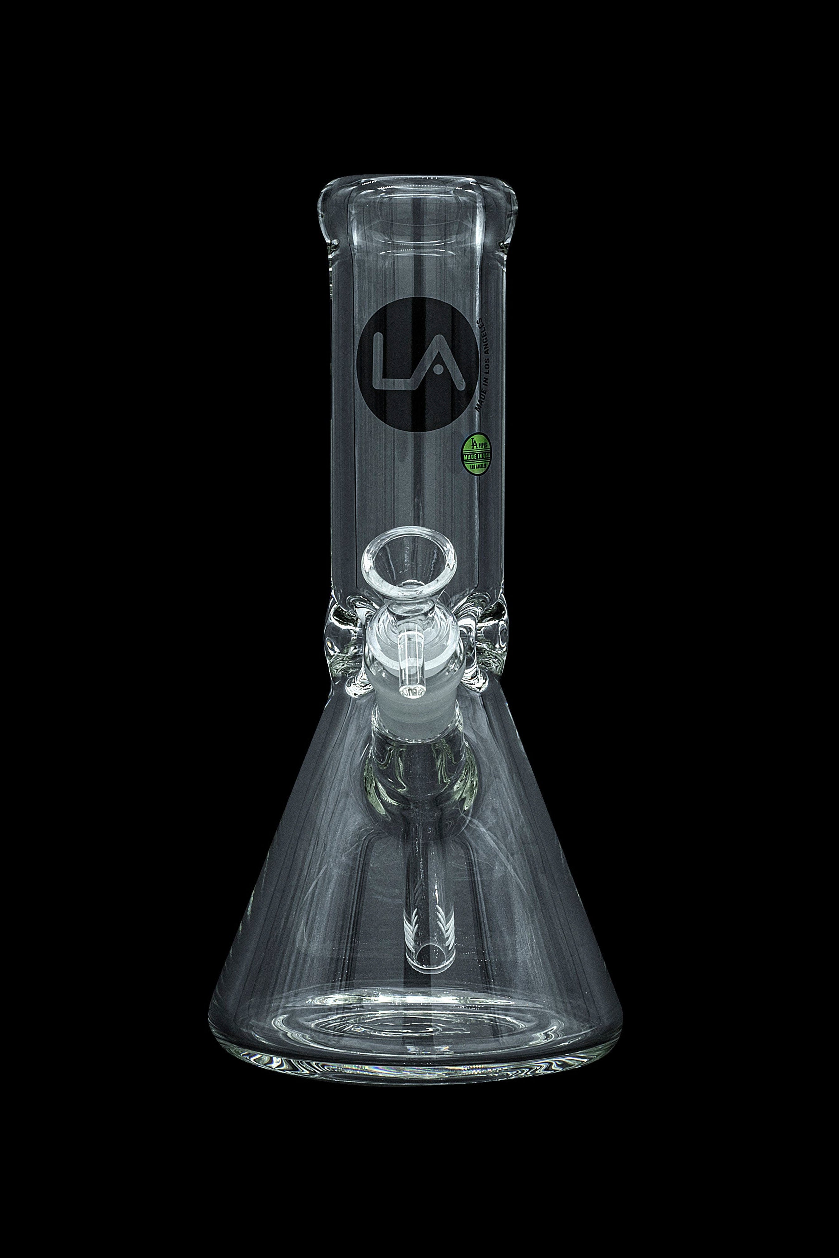 Clear glass bong with a flared base and ice catcher, featuring a “LA” logo.