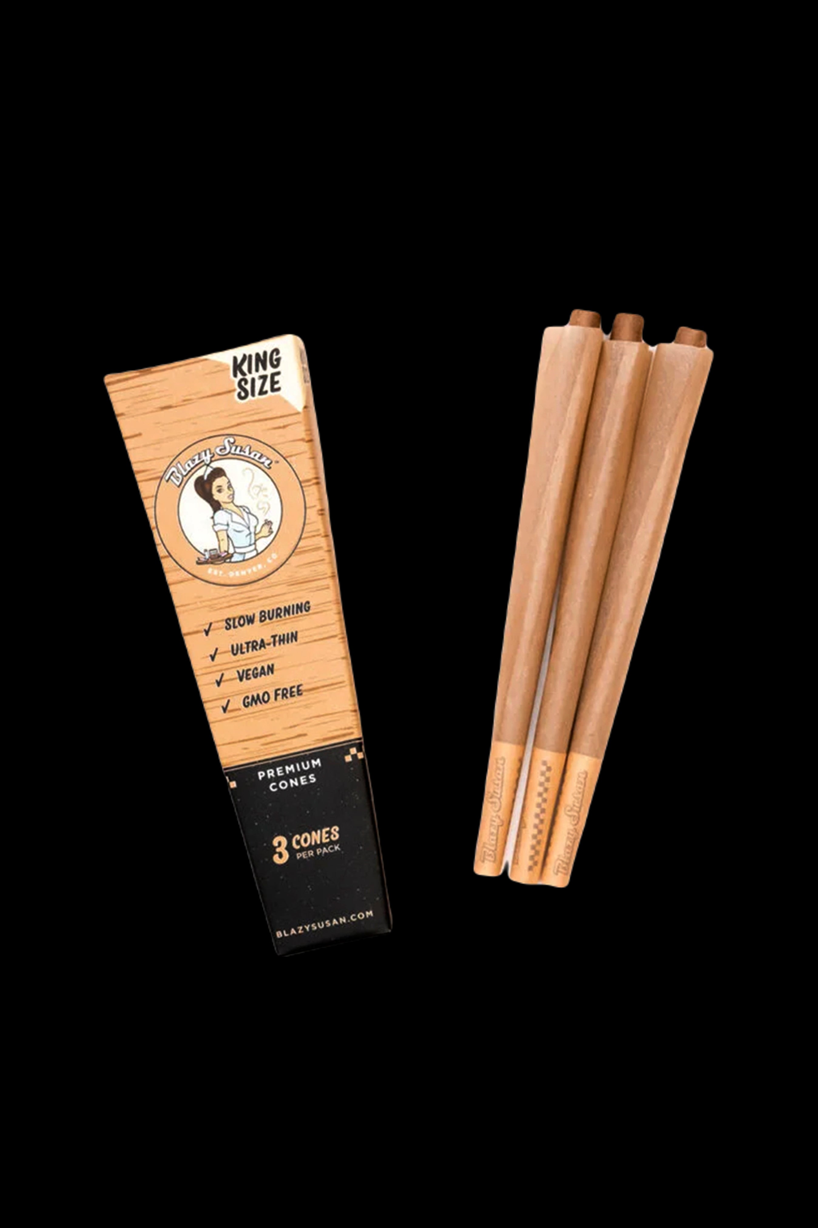 Pack of Blazy Susan premium king-size cones with three pre-rolled cones visible. <start_of_image>