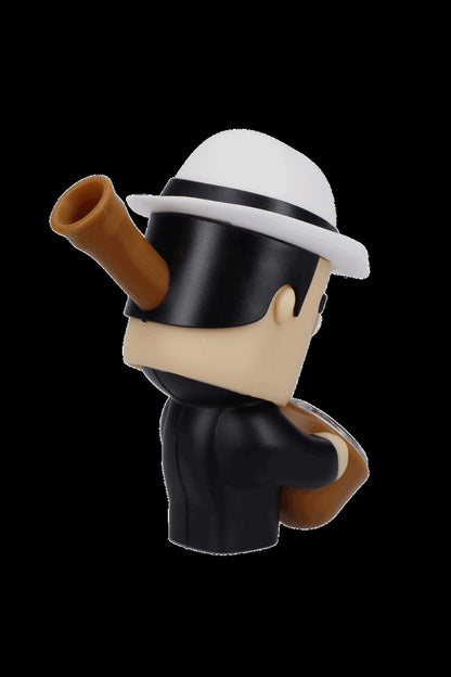 Cartoon figurine of a man in a fedora and suit, styled as a pipe.