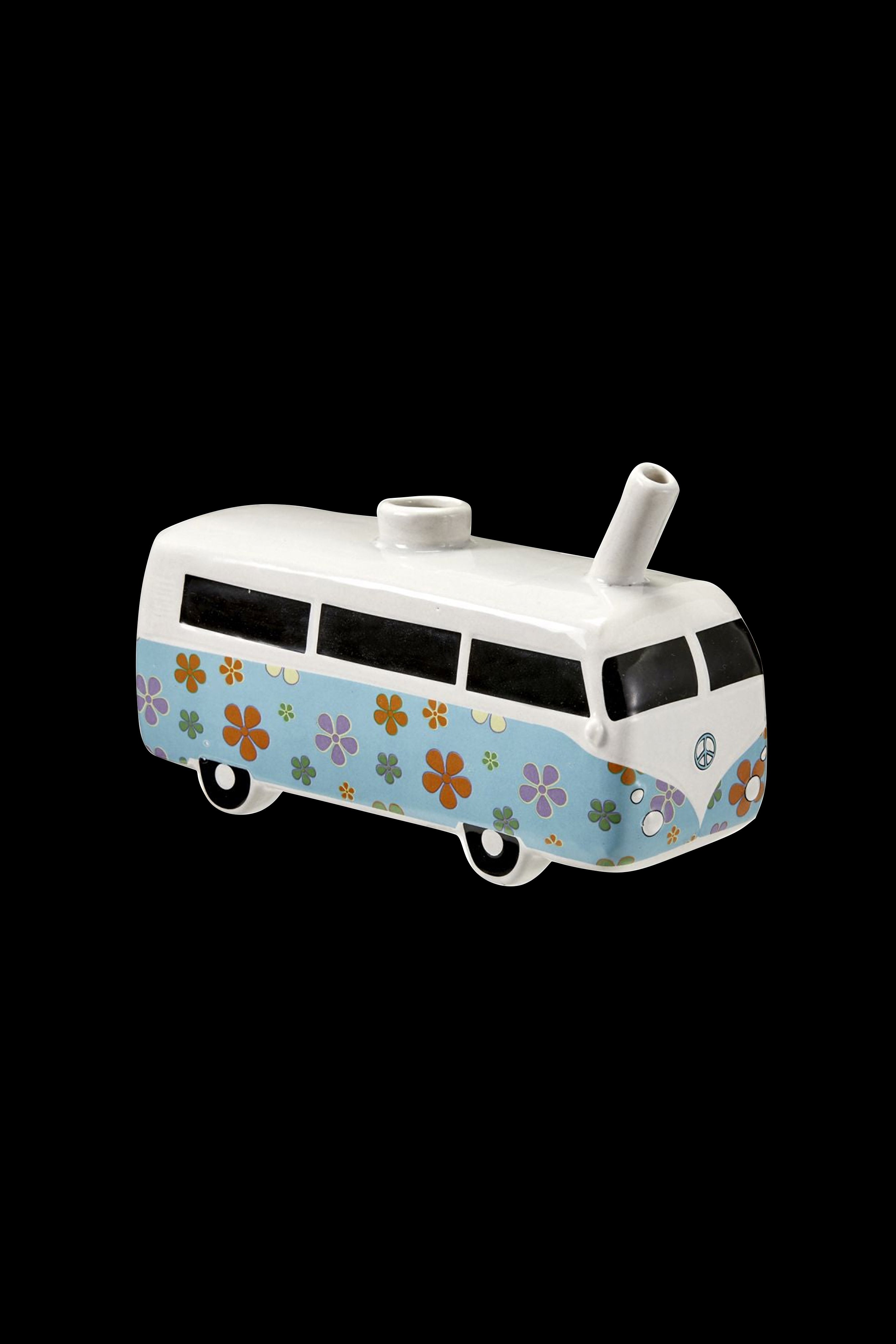 Vintage-style ceramic cannabis pipe shaped like a flower-decorated VW bus.