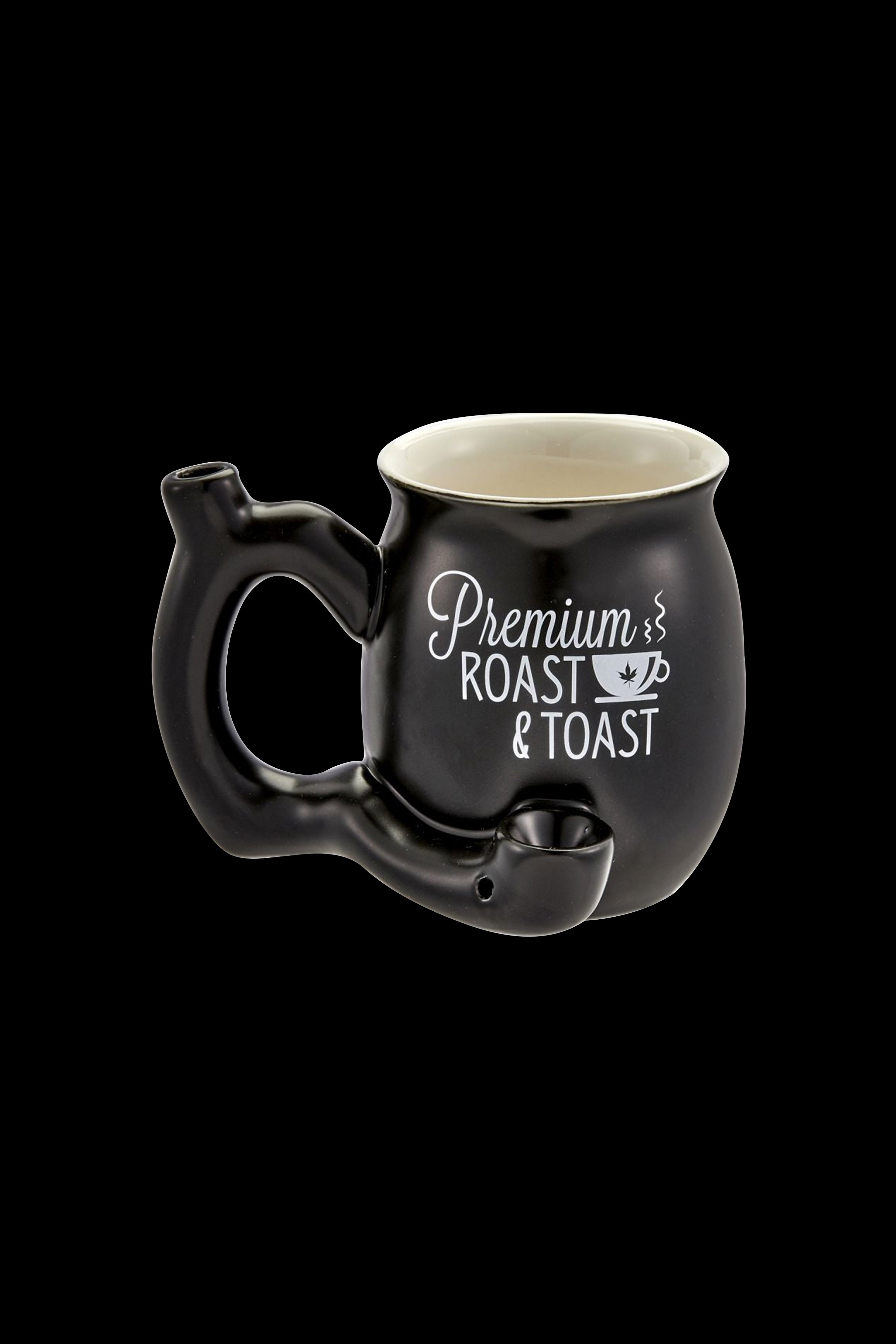 Black ceramic mug with a long, curved neck and the text "Premium Roast & Toast" in white script.