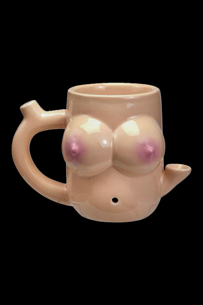 Beige ceramic water pipe shaped like a torso with breasts.
