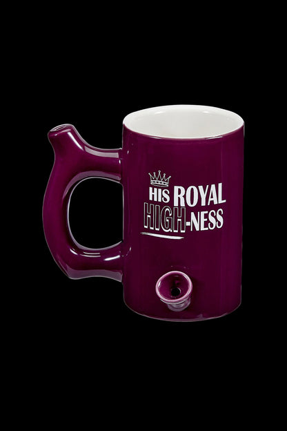 A maroon ceramic mug with a white interior and the text “His Royal High-Ness” in white lettering, accompanied by a small crown graphic, presented on a black background.