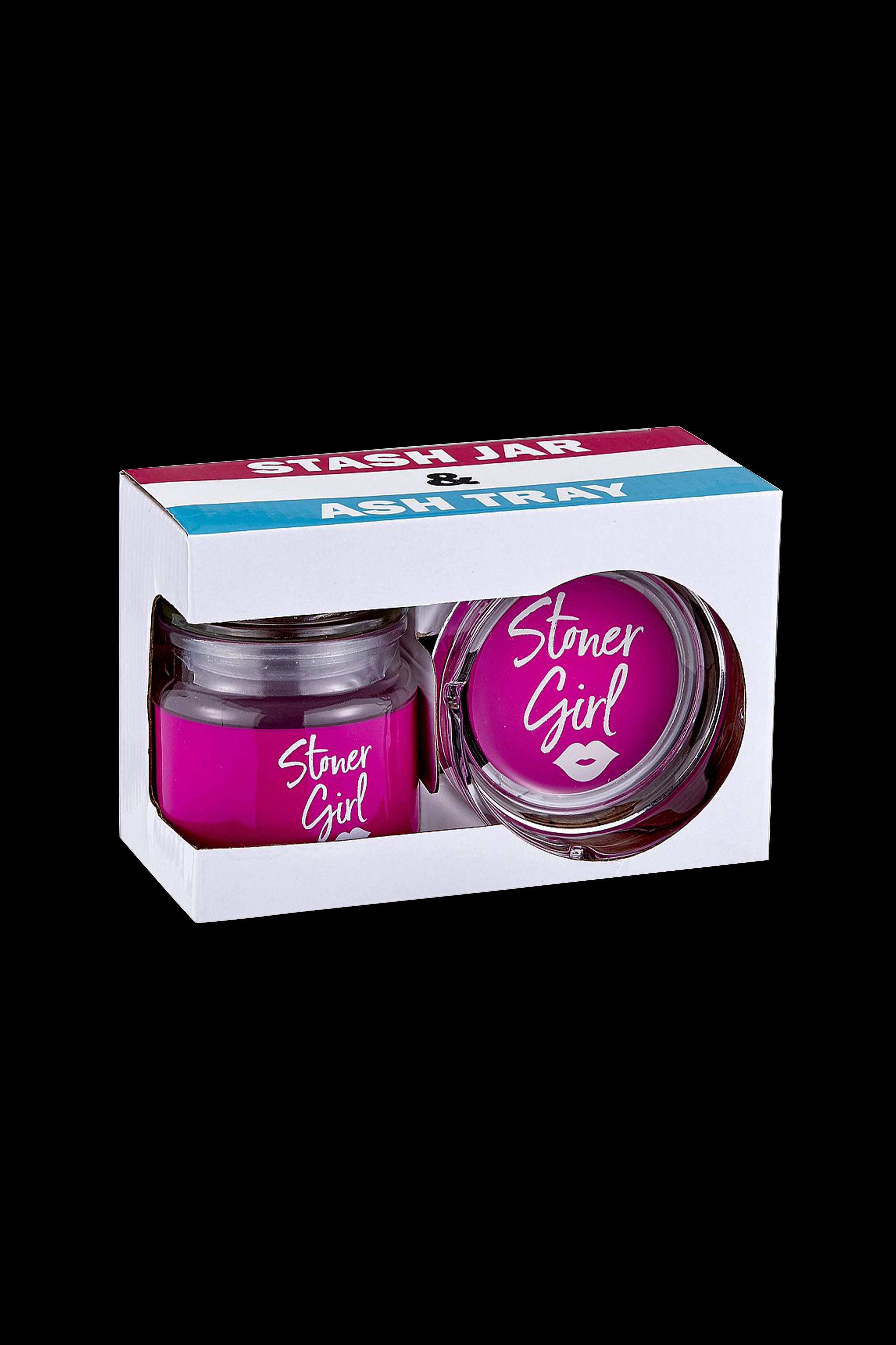 Pink “Stoner Girl” branded stash jar and ashtray set in a gift box.