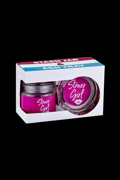 Pink “Stoner Girl” branded stash jar and ashtray set in a gift box.