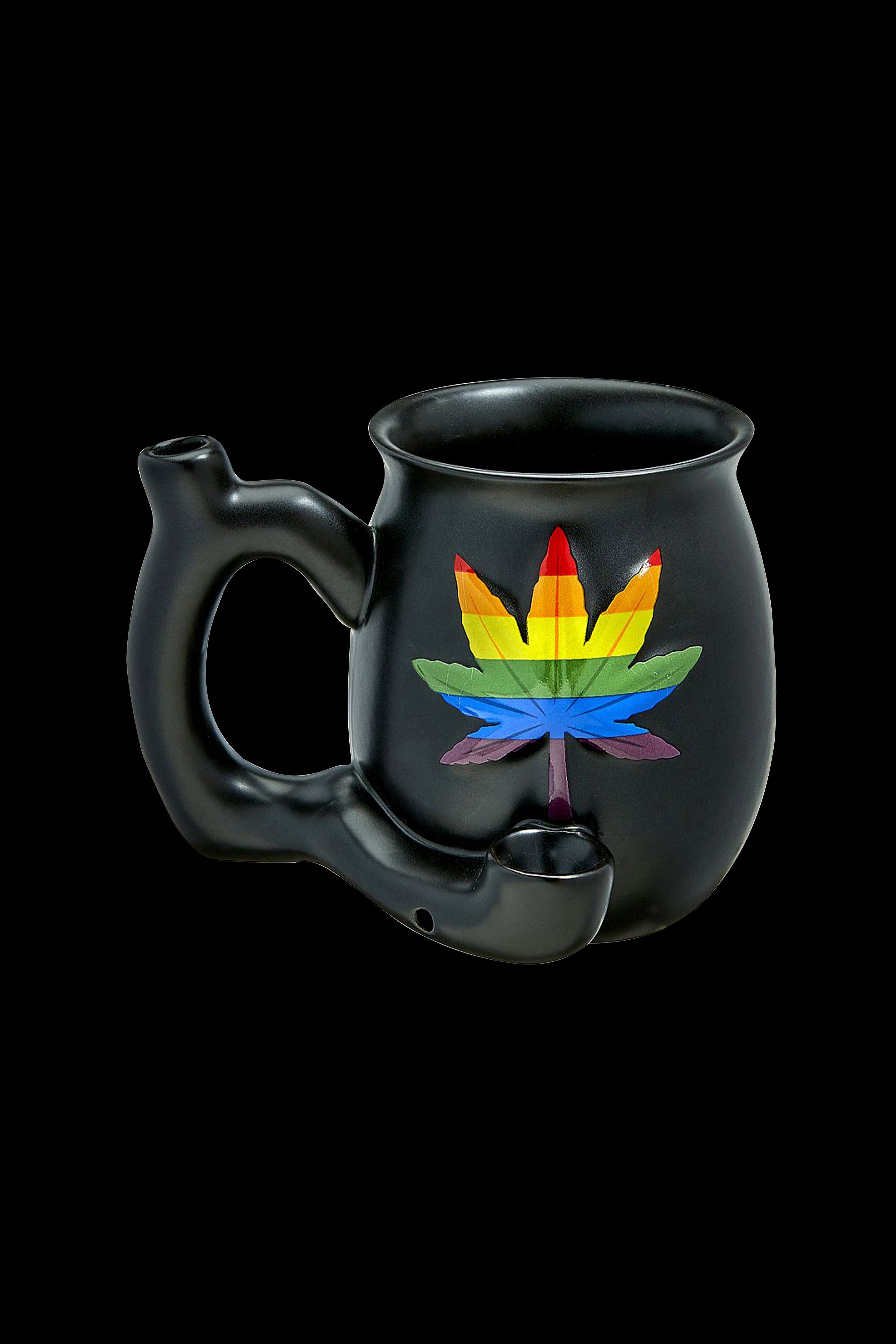 Black ceramic water pipe shaped like a face with a rainbow cannabis leaf design.