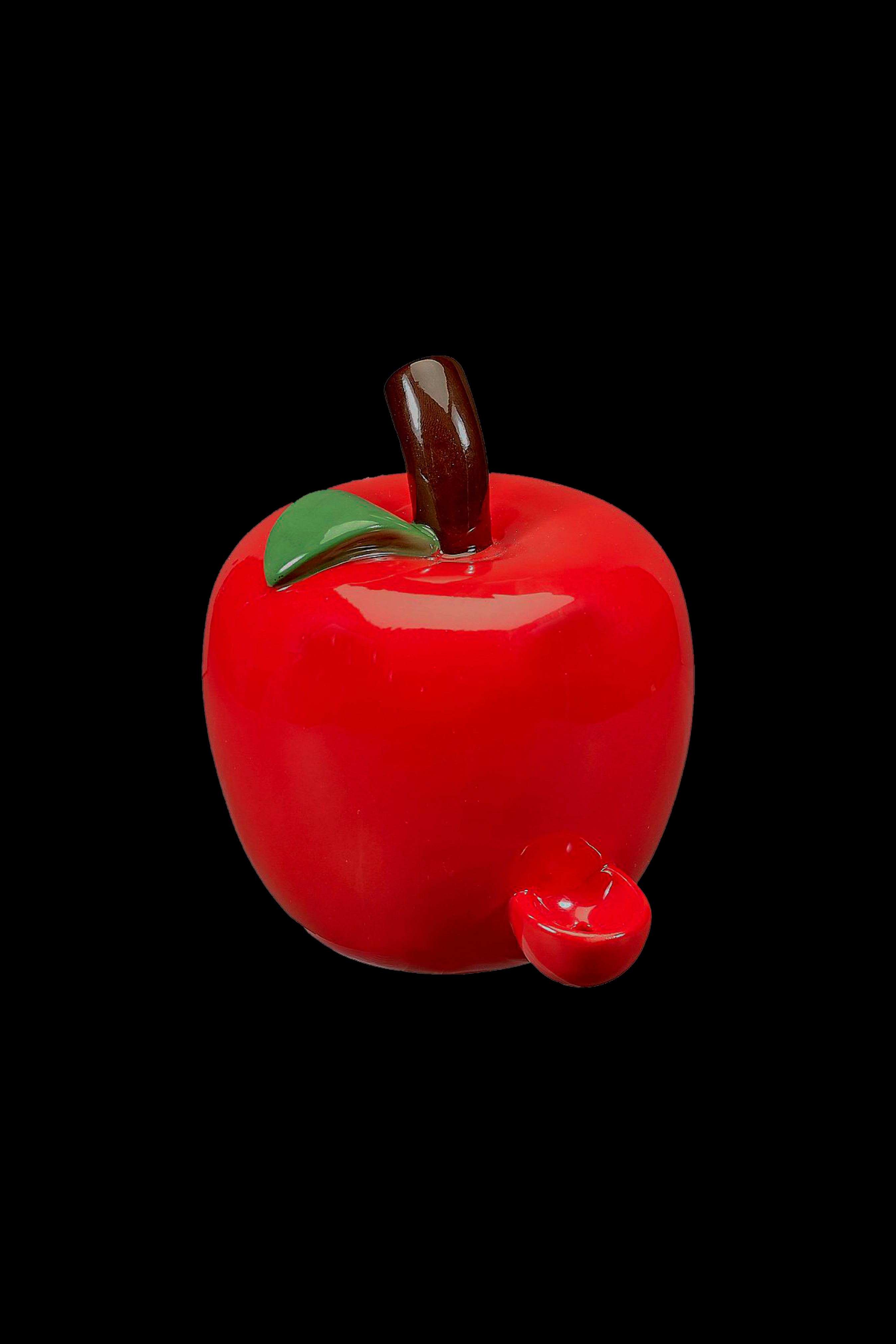 Red glass apple-shaped dab rig with green leaf detail.