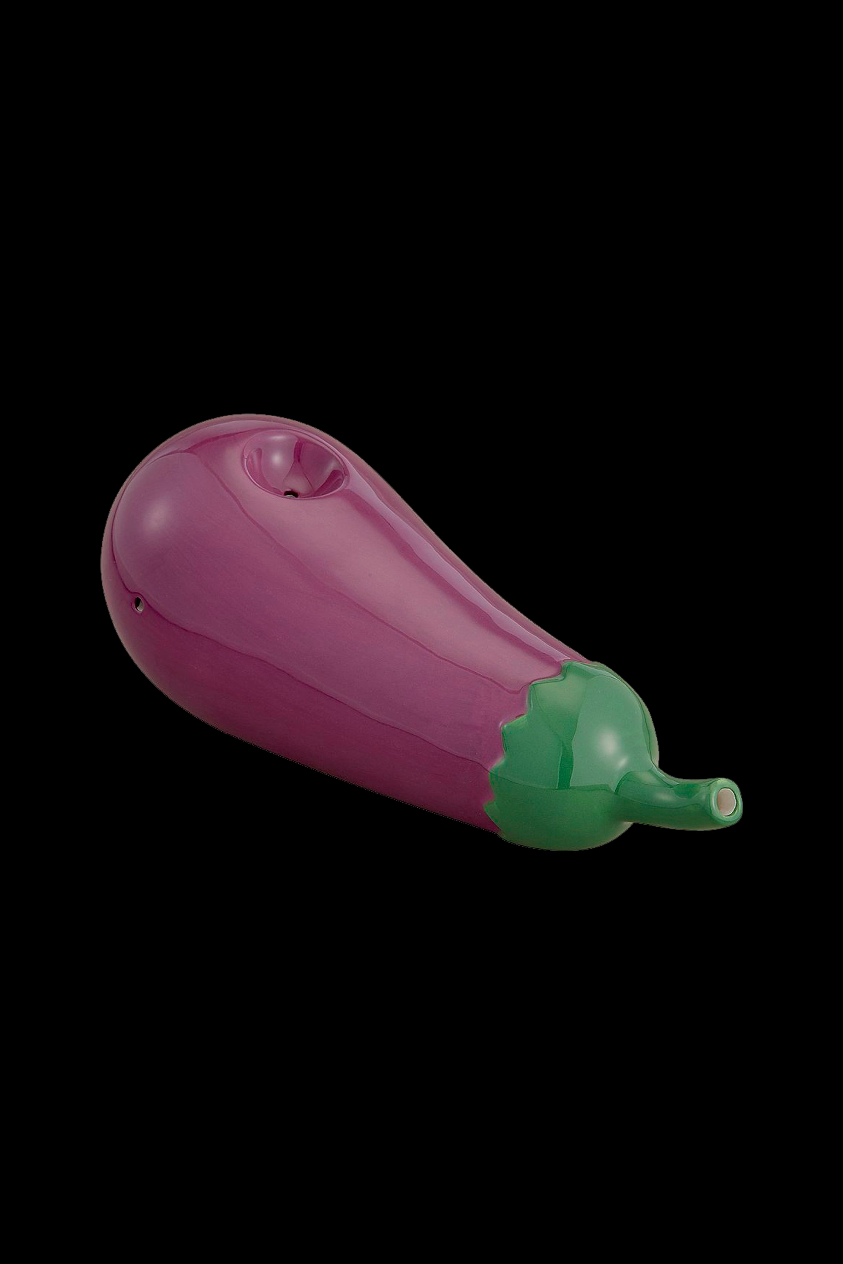 Purple silicone eggplant-shaped water pipe with a green mouthpiece.