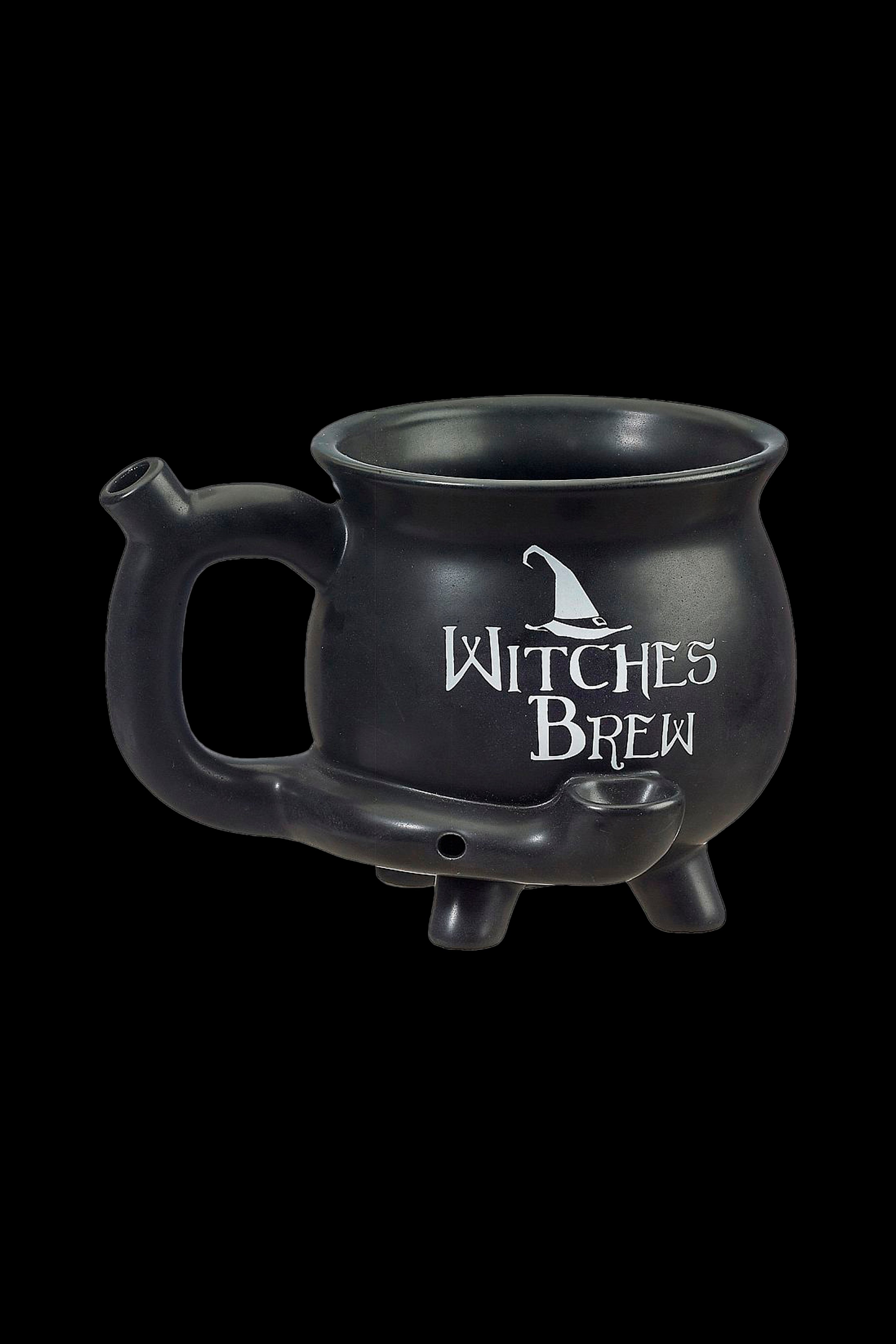 Black cauldron-shaped cannabis water pipe with “Witches Brew” text and witch hat illustration.