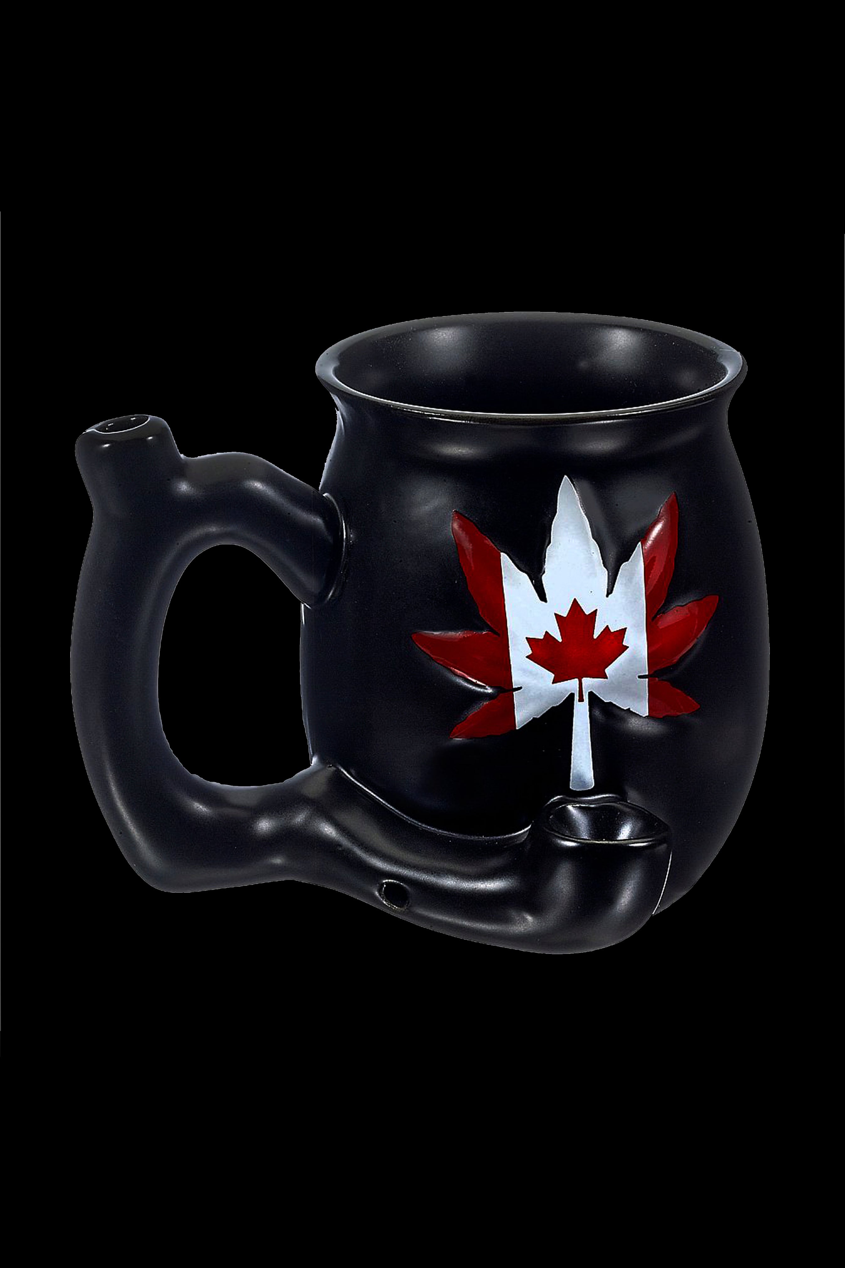 Black cannabis water pipe shaped like a cauldron with a Canadian maple leaf design.