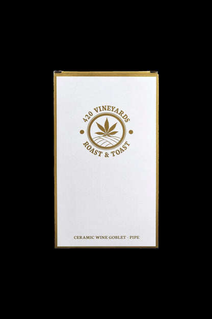 Product packaging for “420 Vineyards” ceramic wine goblet pipe, featuring a cannabis leaf logo."