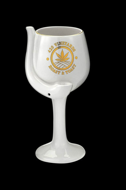 White wine glass-shaped cannabis consumption device with “420 Vineyards Roast & Toast” logo.
