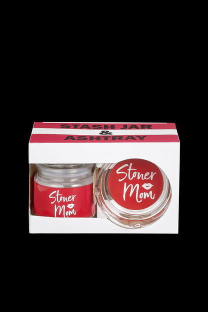 "Stoner Mom" branded stash jar and ashtray set in a white gift box.