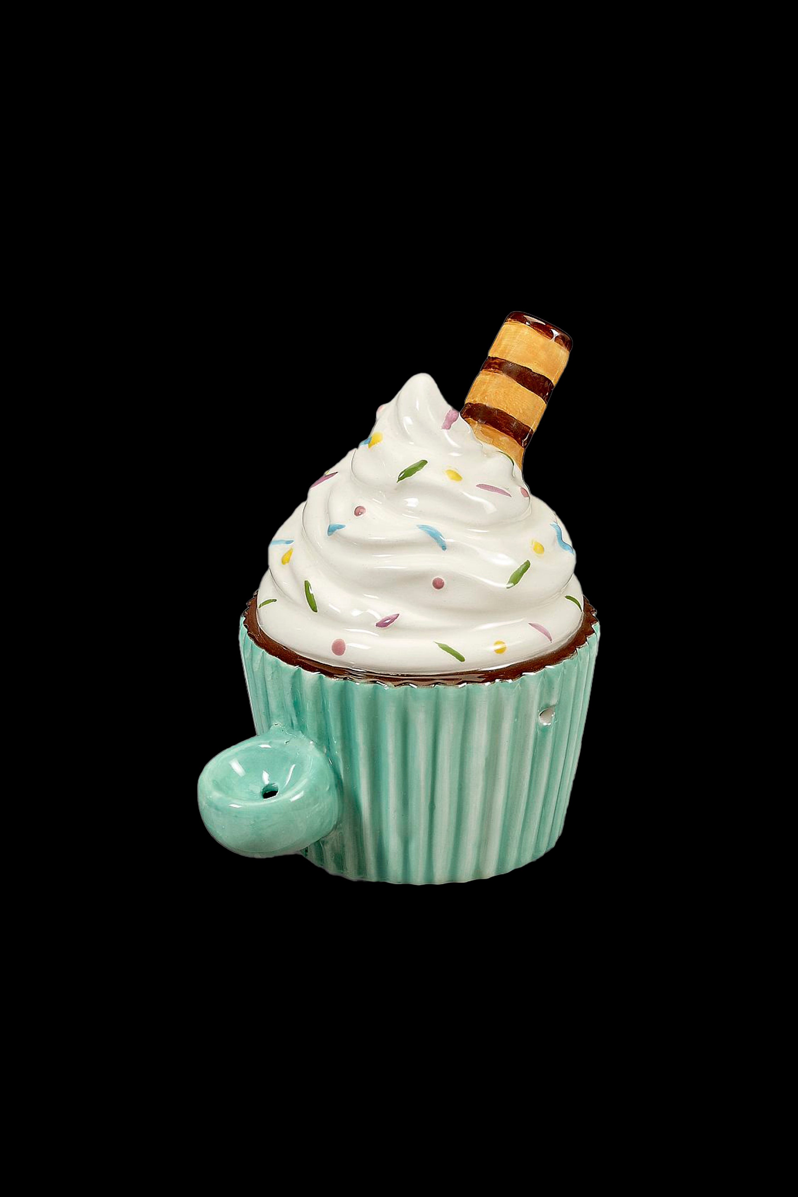 Ceramic cannabis pipe shaped like a frosted cupcake with sprinkles.