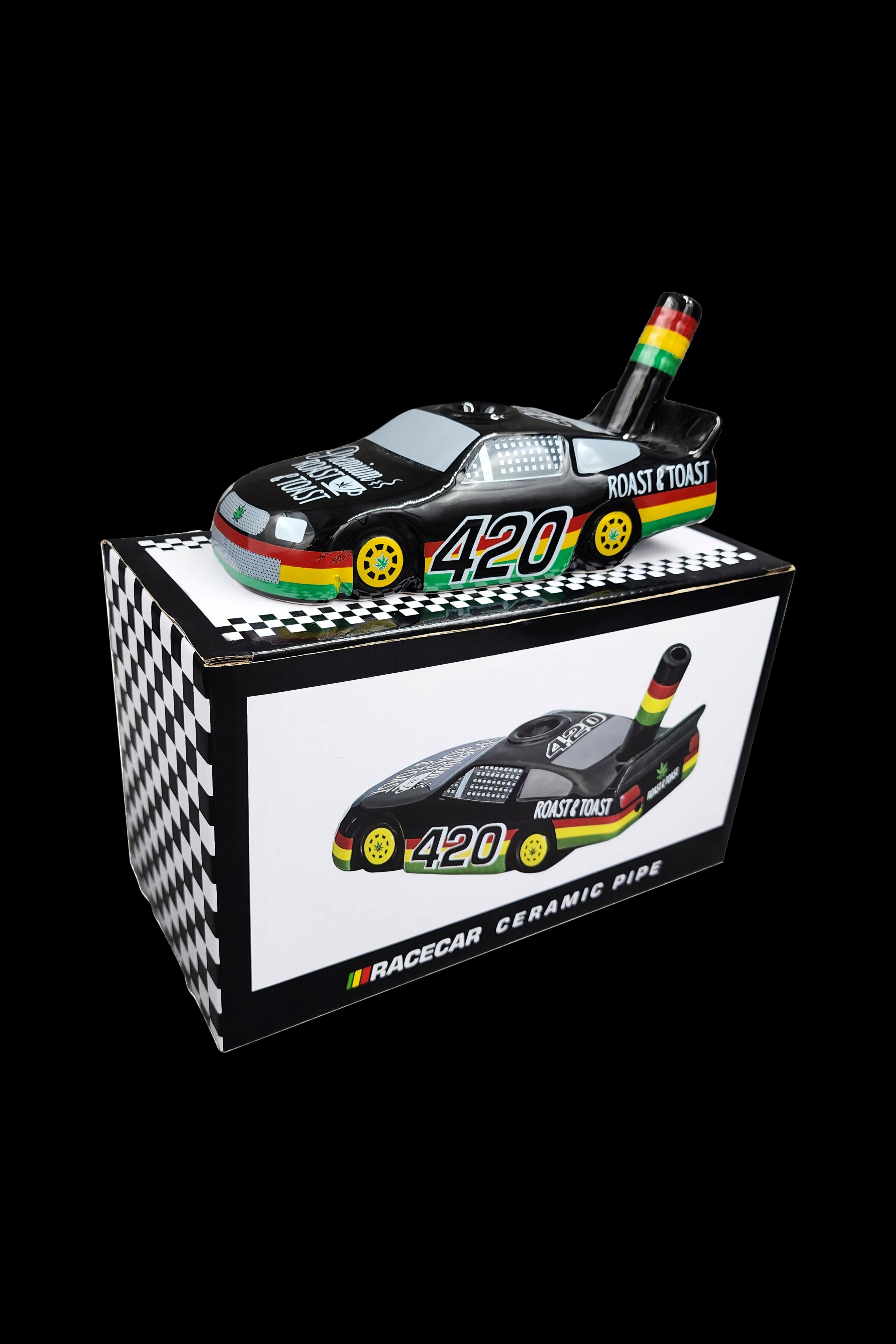 A black and white checkered box containing a miniature race car-shaped ceramic pipe branded with “420” and “Roast & Toast.”