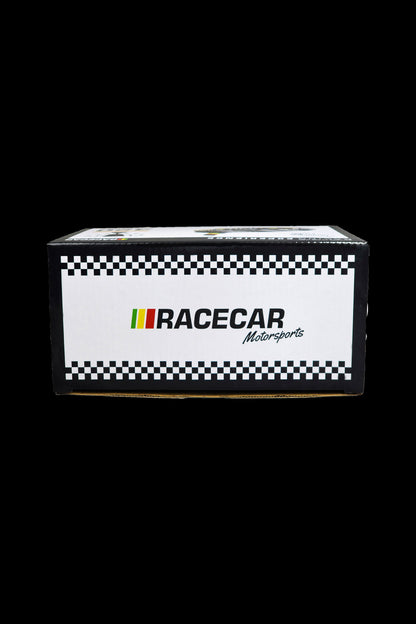 A white box with a black and white checkered flag design and the text "RACECAR Motorsports" displayed, likely packaging for a cannabis accessory.