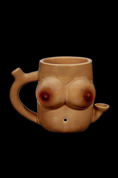 Ceramic pipe shaped like a torso with breasts, featuring a bowl and mouthpiece.