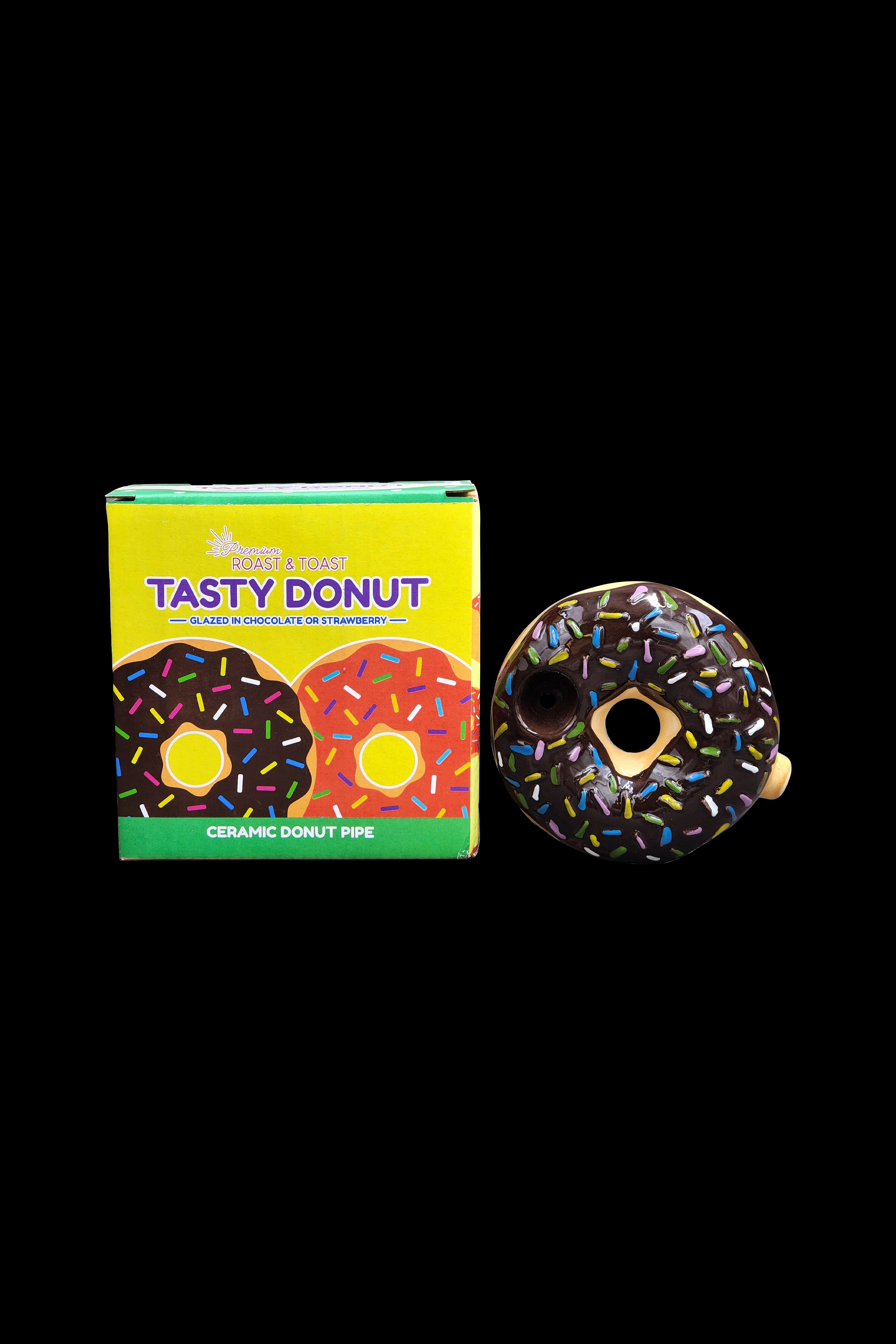 Colorful packaging for a ceramic cannabis pipe shaped like a glazed donut with sprinkles, against a black background.