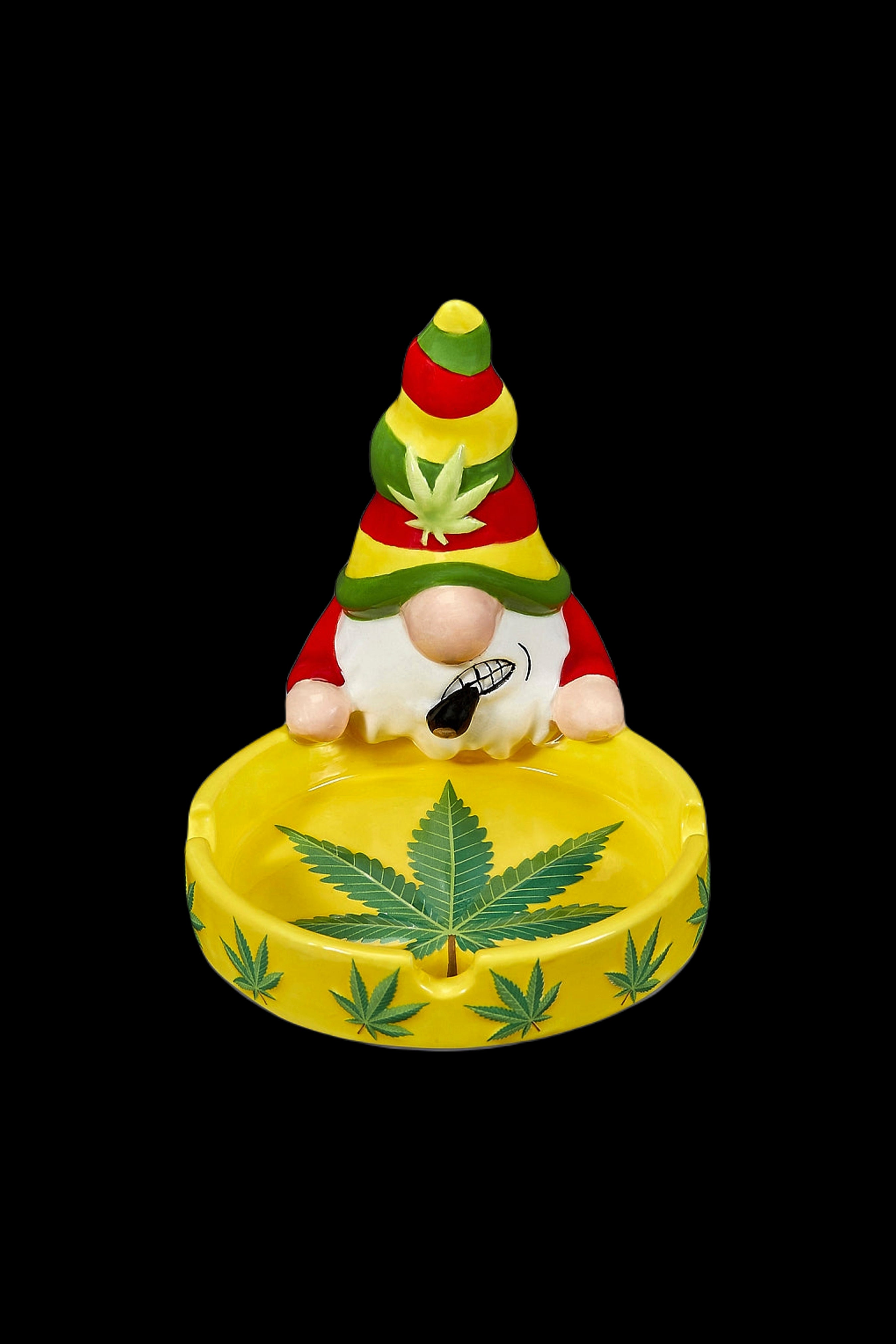 Ceramic garden gnome with a Rasta-colored hat and a cannabis leaf-decorated ashtray base.
