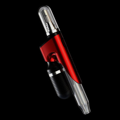 Angled close-up of the blue Lookah Seahorse King Vaporizer showing a glossy red metal housing, clear mouthpiece, and textured black grip against a black background