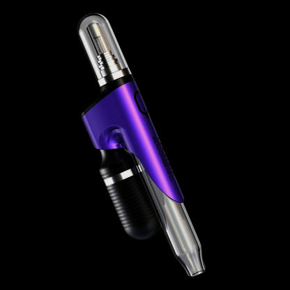 Angled close-up of the green Lookah Seahorse King Vaporizer showing its purple metallic body, clear mouthpiece, and textured black grip against a black background