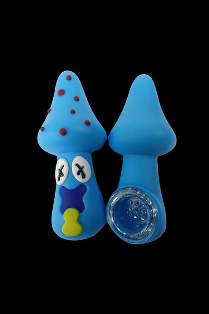 Blue silicone cartoon character-shaped cannabis pipe with a glass bowl.