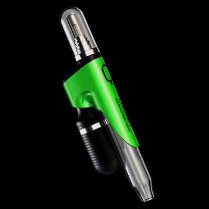 Angled close-up of a purple-accented Lookah Seahorse King Vaporizer showing the metallic tip, clear cartridge cap, and green body panel against a black background