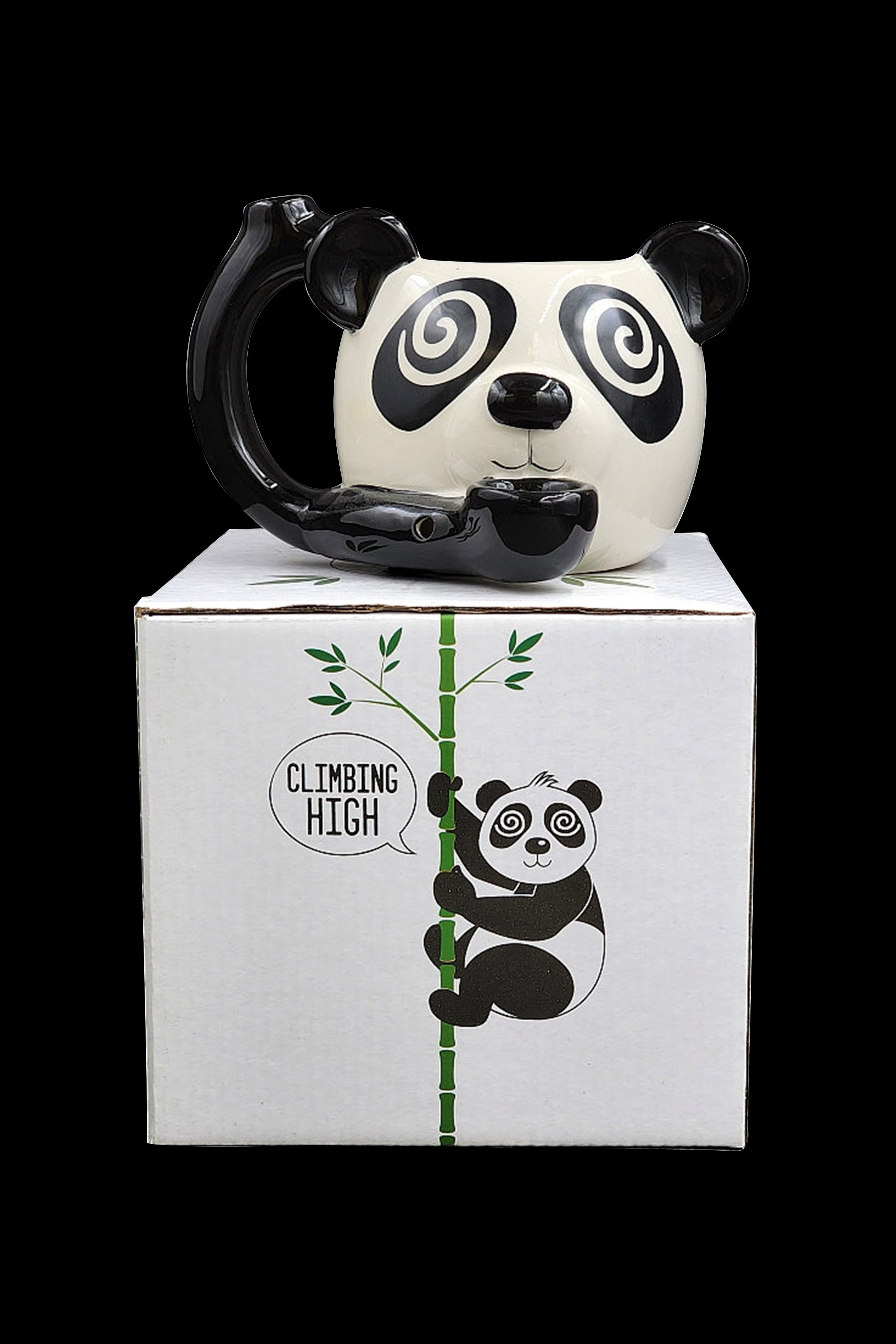 A panda-shaped water pipe rests on top of a white box featuring a panda climbing bamboo and the text "Climbing High."