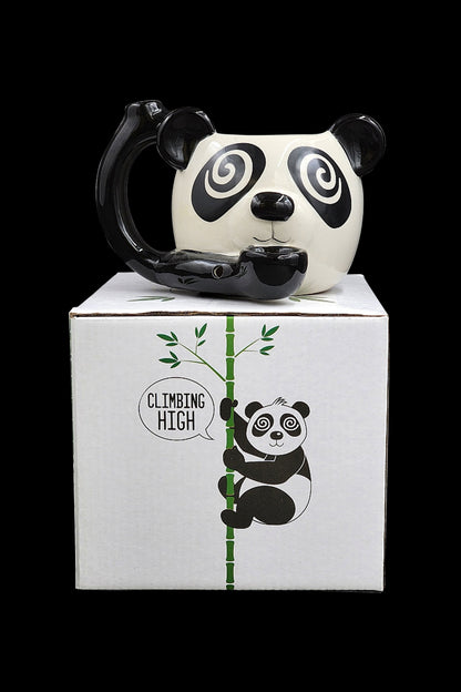 A panda-shaped water pipe rests on top of a white box featuring a panda climbing bamboo and the text "Climbing High."