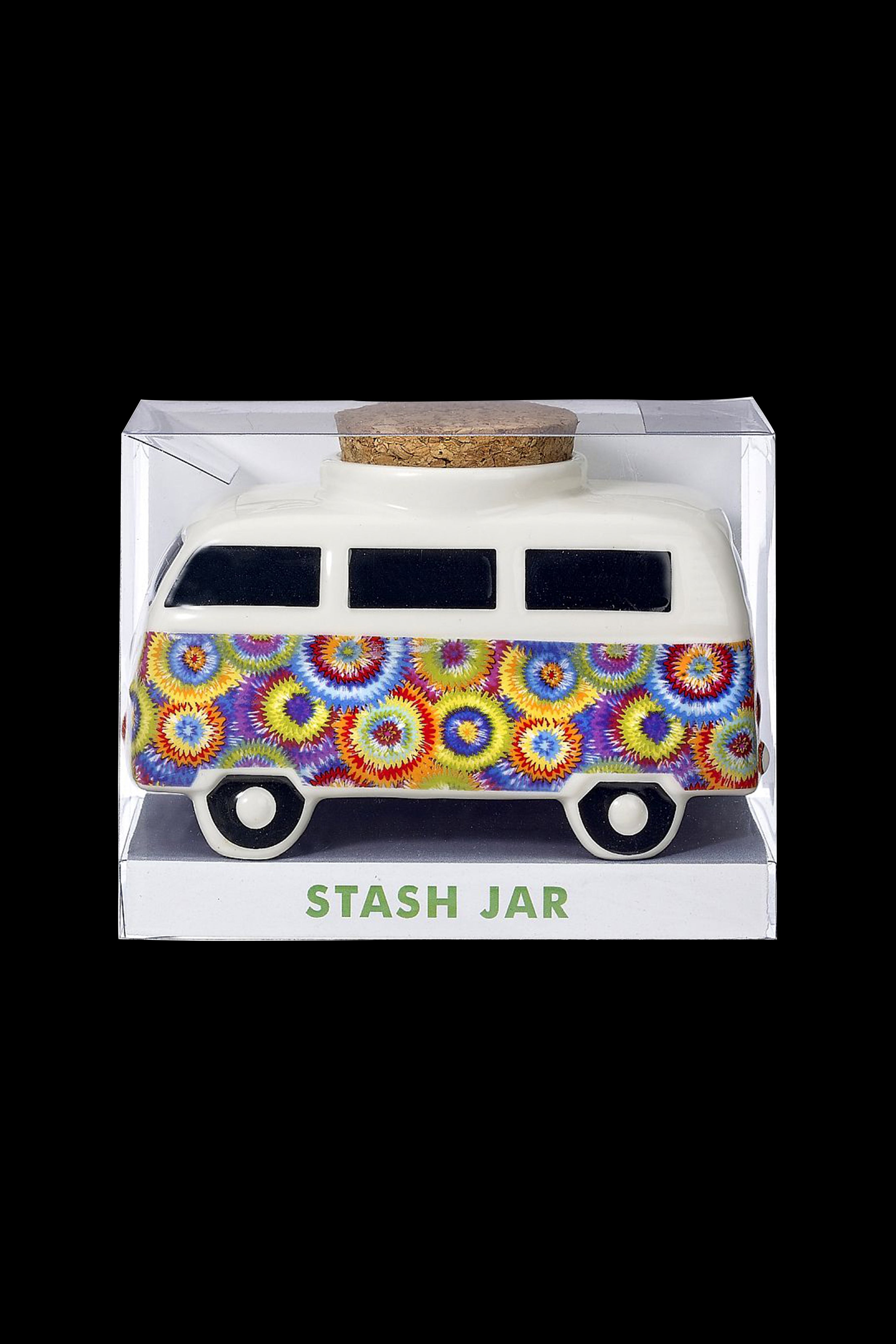 Psychedelic van-shaped cannabis stash jar with cork lid, labeled “STASH JAR”.