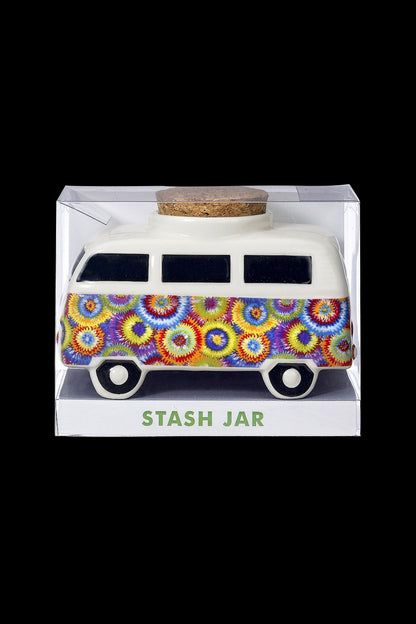 Psychedelic van-shaped cannabis stash jar with cork lid, labeled “STASH JAR”.