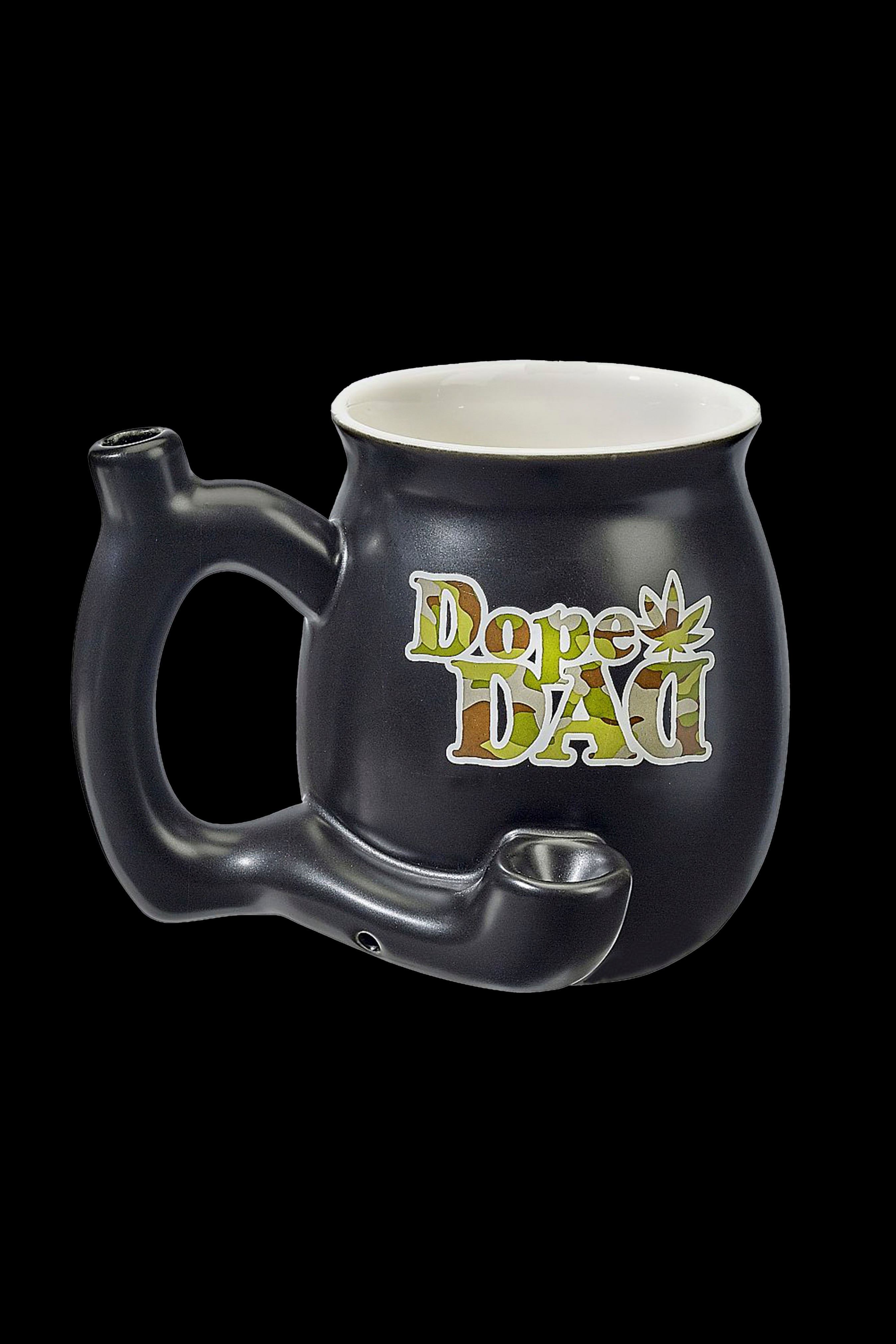 Black ceramic mug shaped like a cannabis pipe with “Dope Dad” lettering.