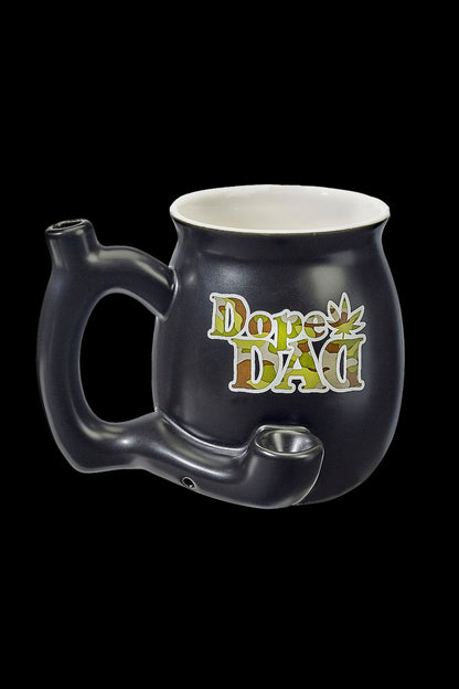 Black ceramic mug shaped like a cannabis pipe with “Dope Dad” lettering.
