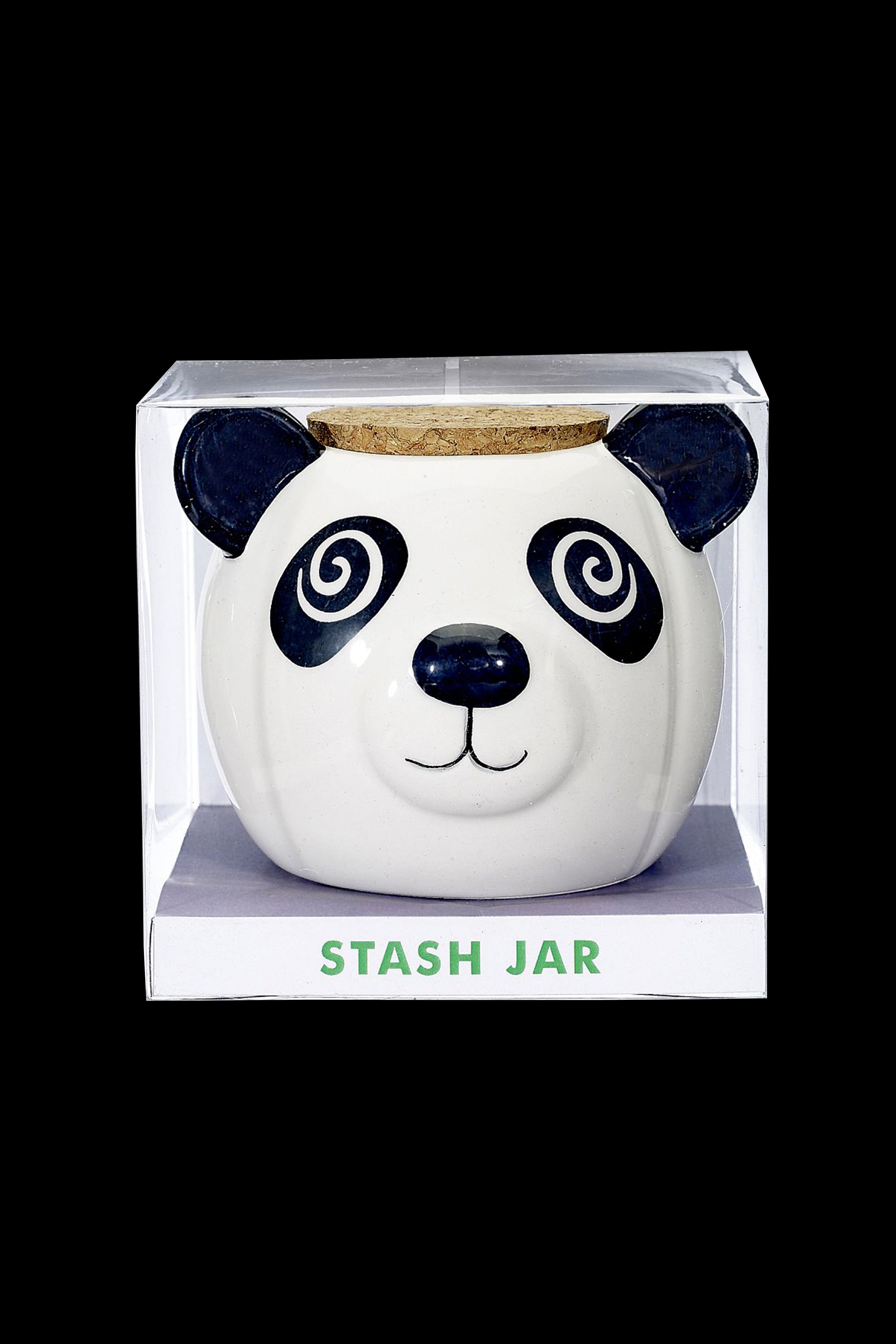 Panda-shaped ceramic stash jar in a clear display box labeled "STASH JAR".