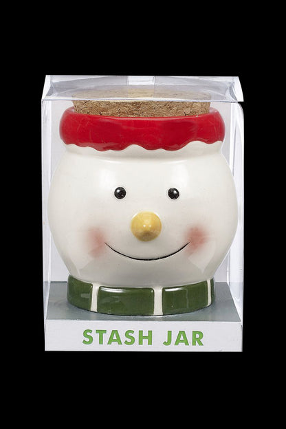 Snowman-shaped stash jar in clear packaging labeled "STASH JAR".