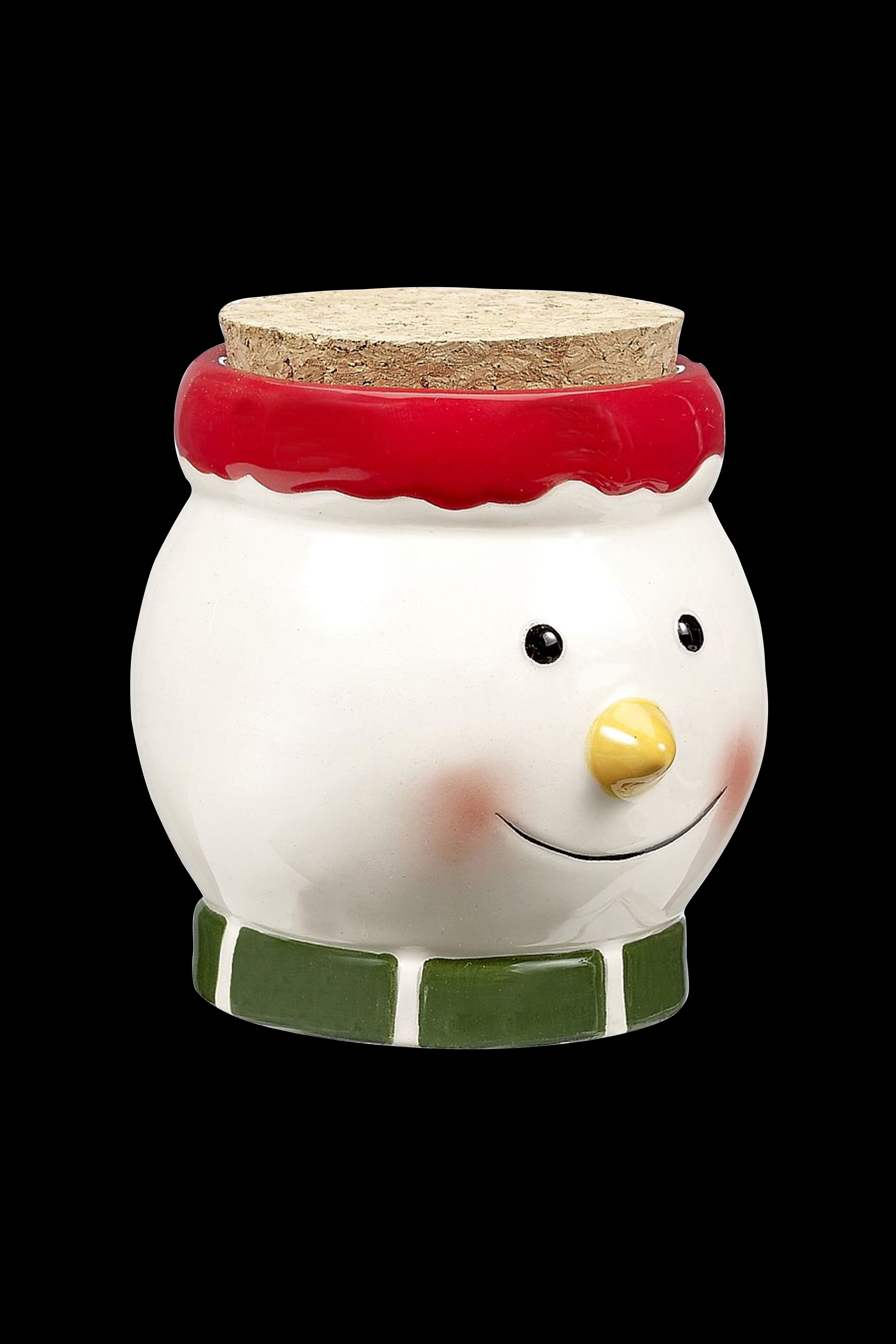 Ceramic snowman jar with a cork lid, likely for cannabis storage.
