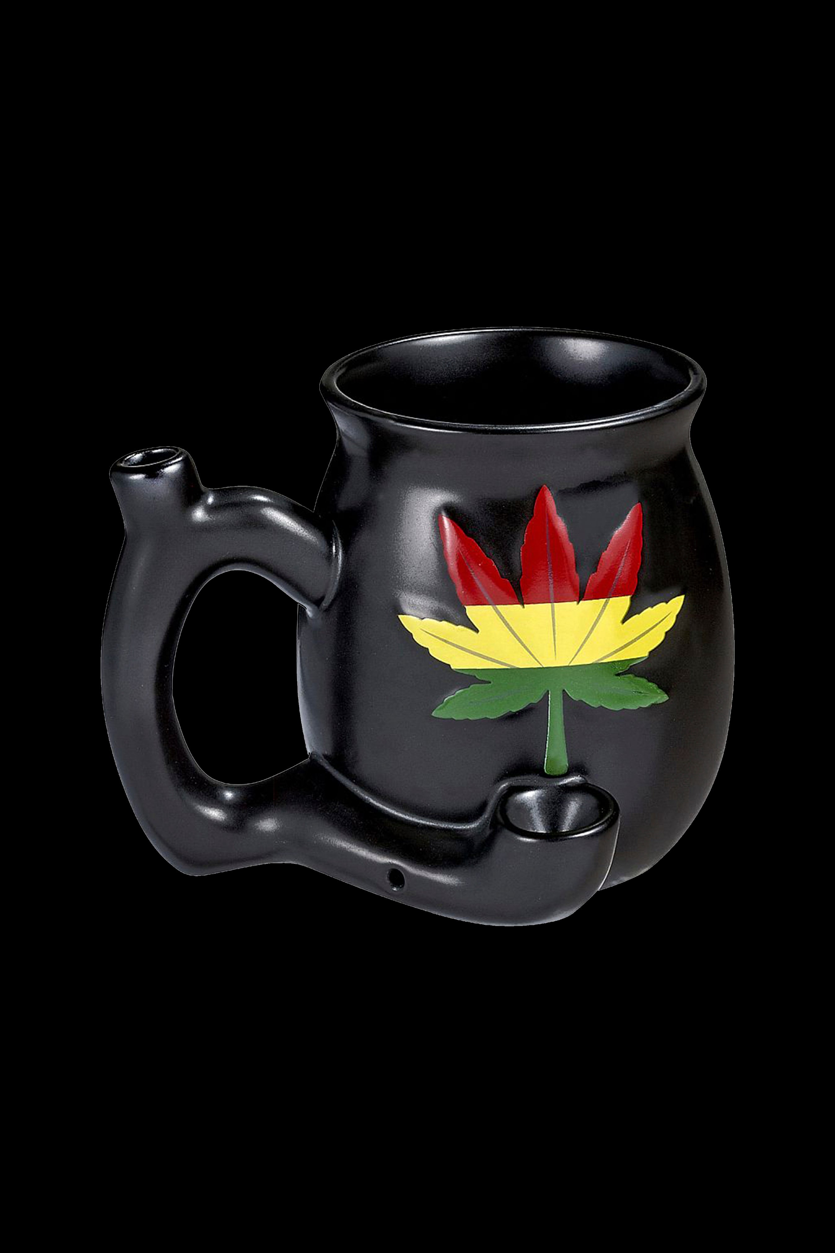 Black ceramic bubbler with a painted cannabis leaf design.