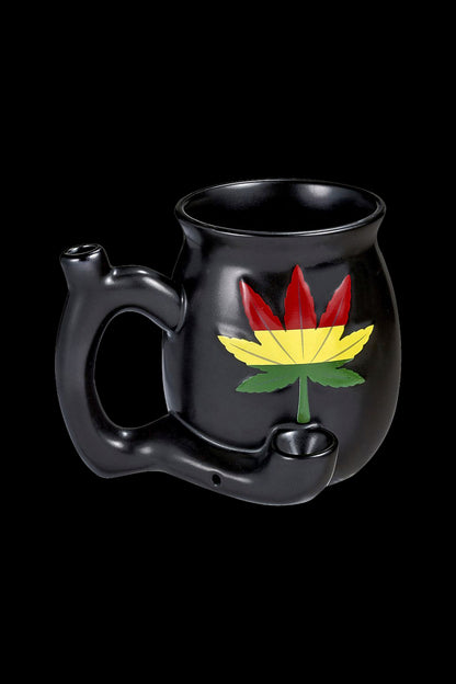Black ceramic bubbler with a painted cannabis leaf design.