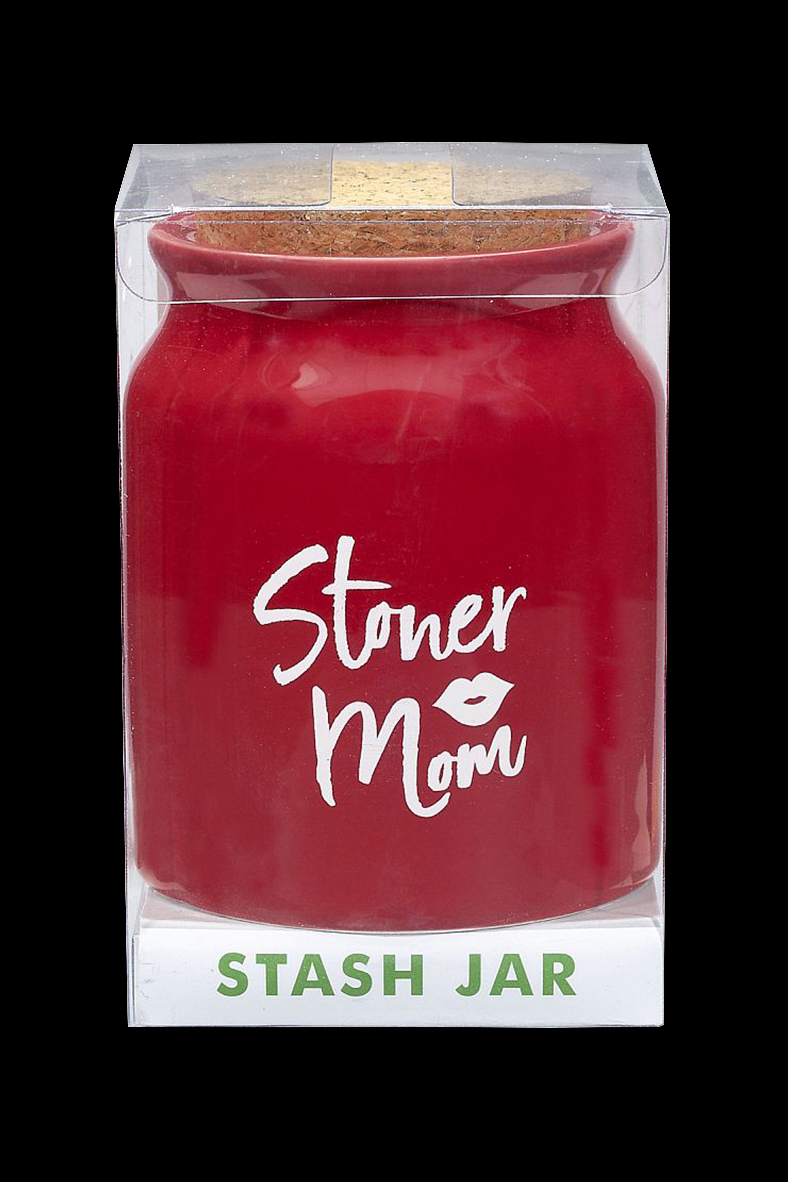 Red “Stoner Mom” branded stash jar in a clear plastic case.