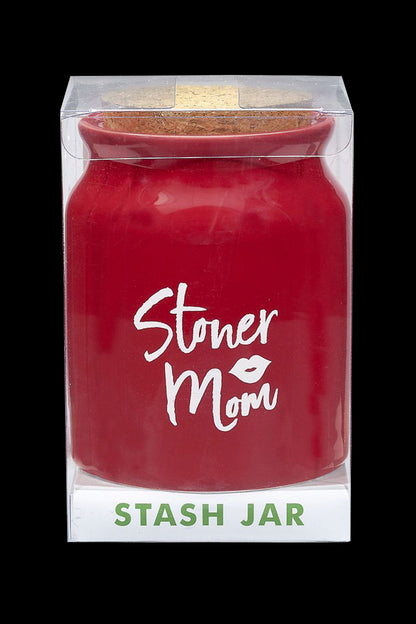 Red “Stoner Mom” branded stash jar in a clear plastic case.