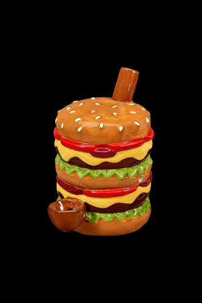Glass cannabis water pipe shaped like a stacked hamburger.