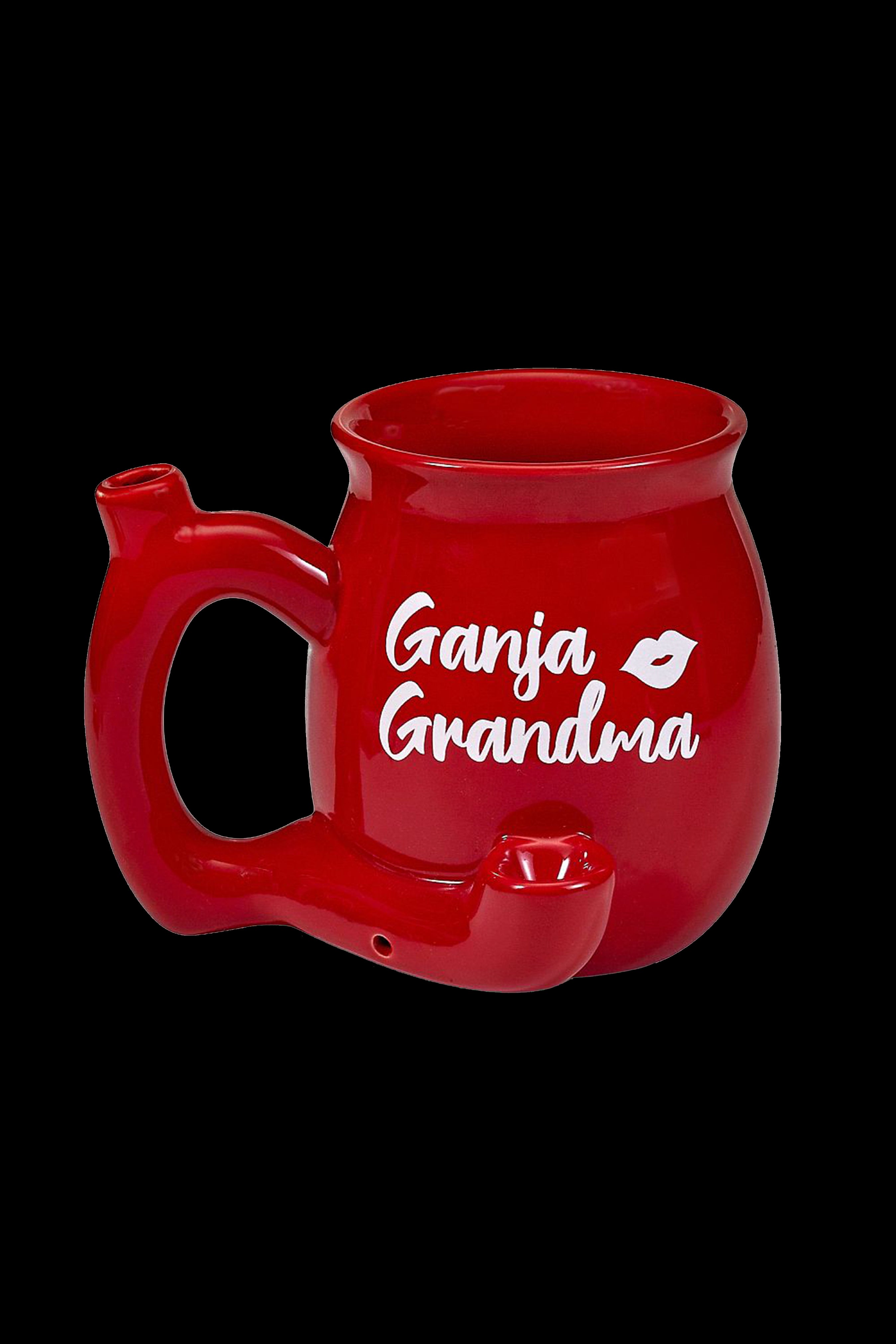 Red ceramic water pipe shaped like a teapot with “Ganja Grandma” script and a kissing lips graphic.