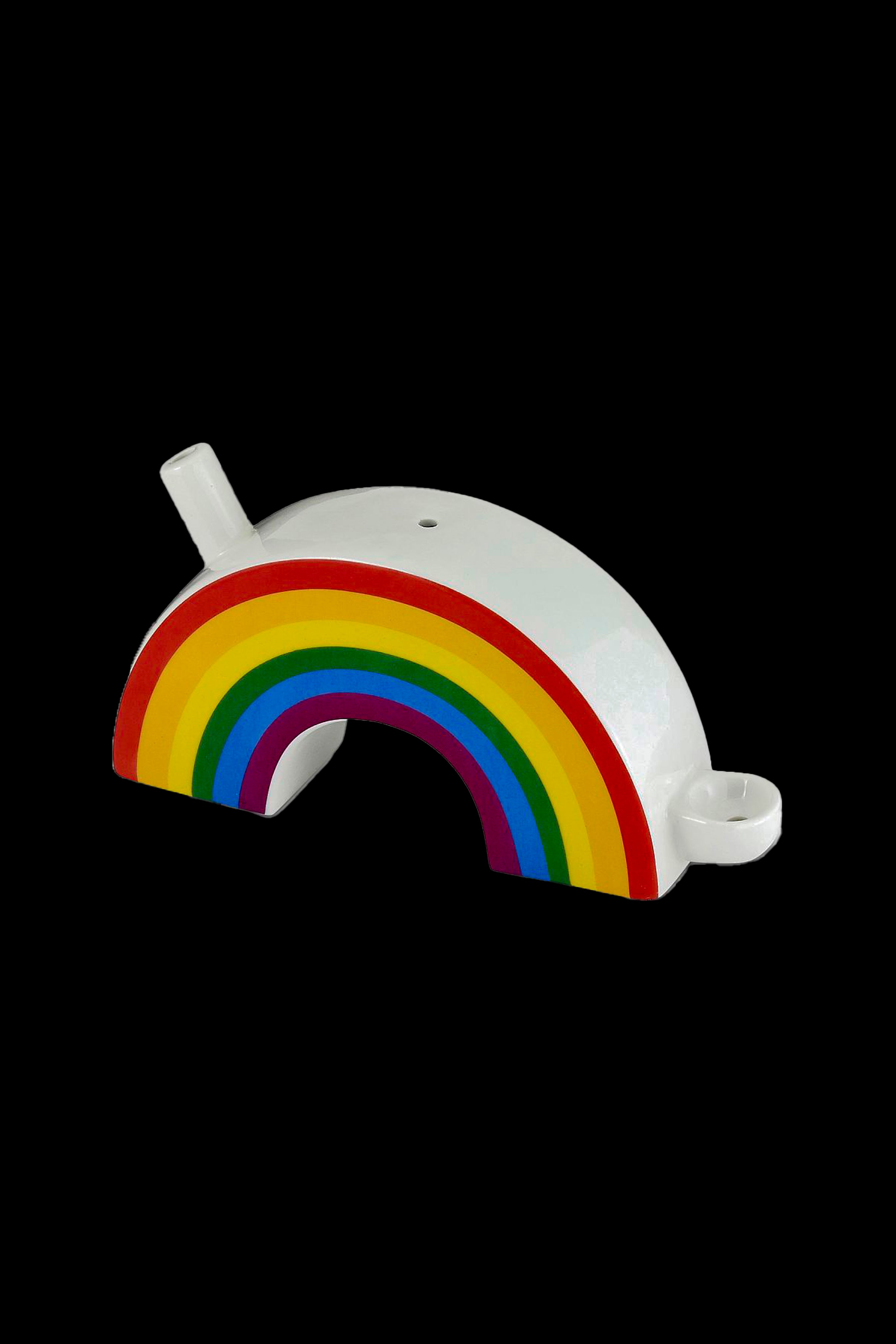 White glass rainbow-shaped pipe with colorful arcs.