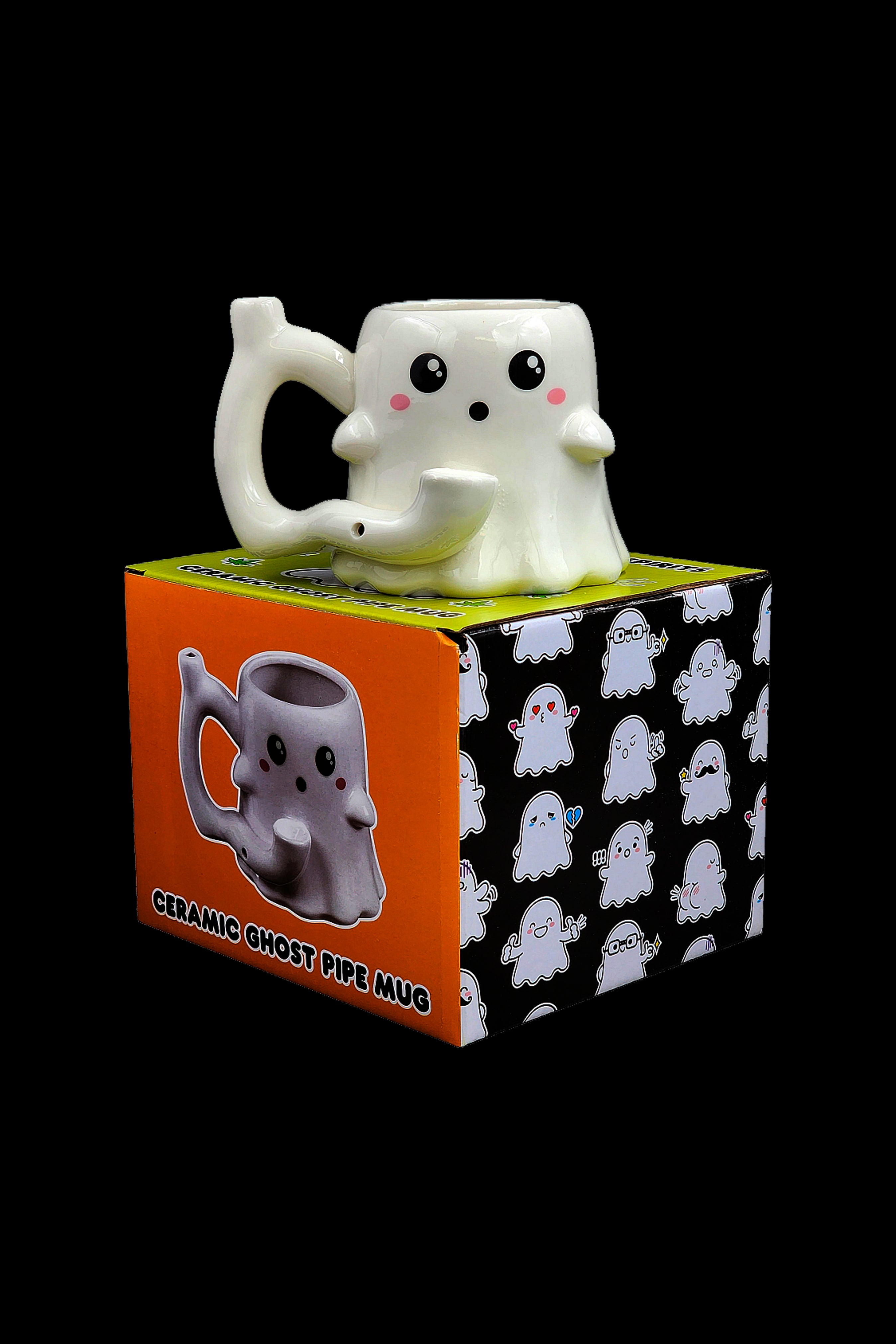 Ceramic ghost-shaped pipe mug in its packaging.