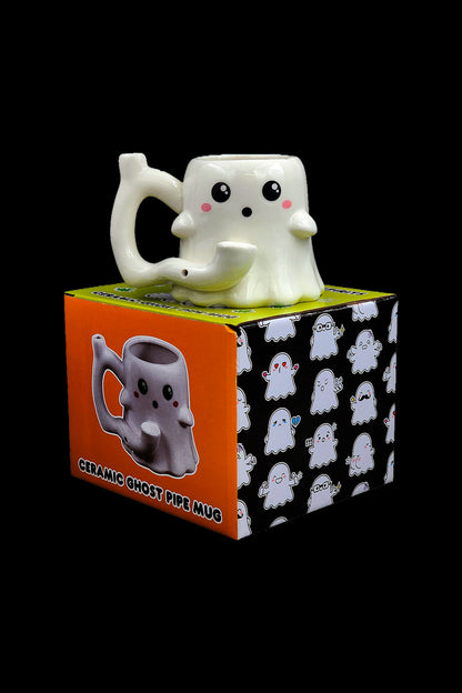Ceramic ghost-shaped pipe mug in its packaging.