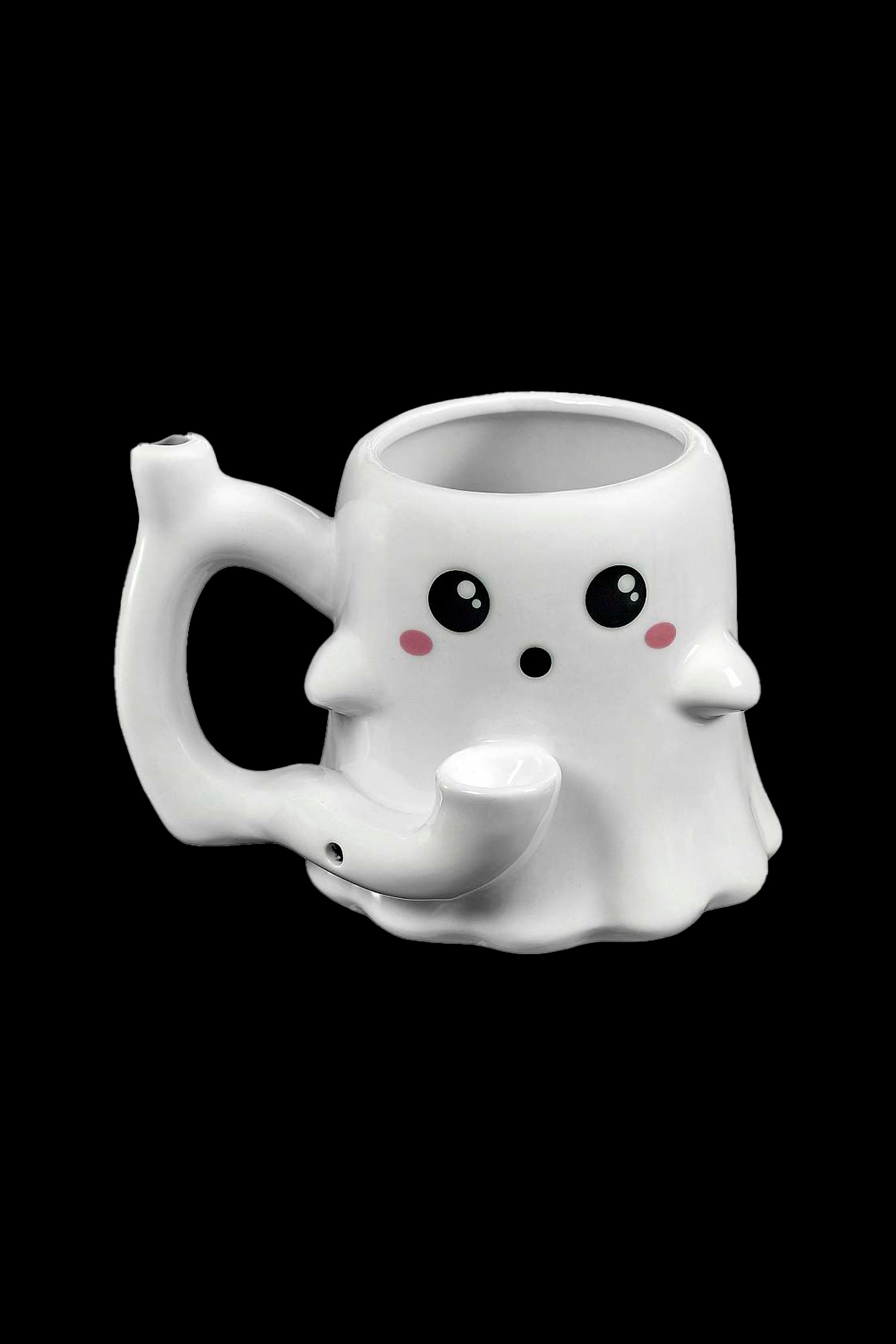 Cute ghost-shaped ceramic mug with a small pipe protruding from its base, isolated on a black background.