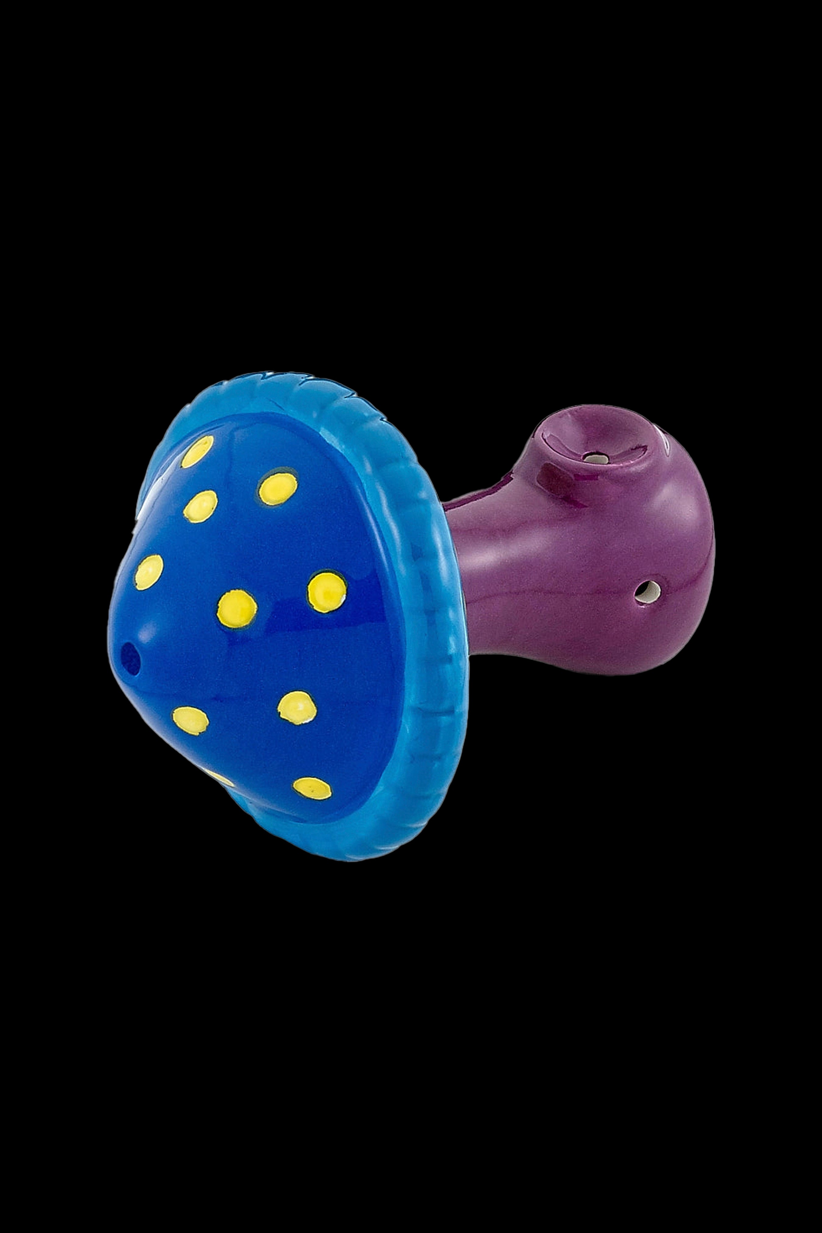 Blue and purple mushroom-shaped glass pipe on a black background.