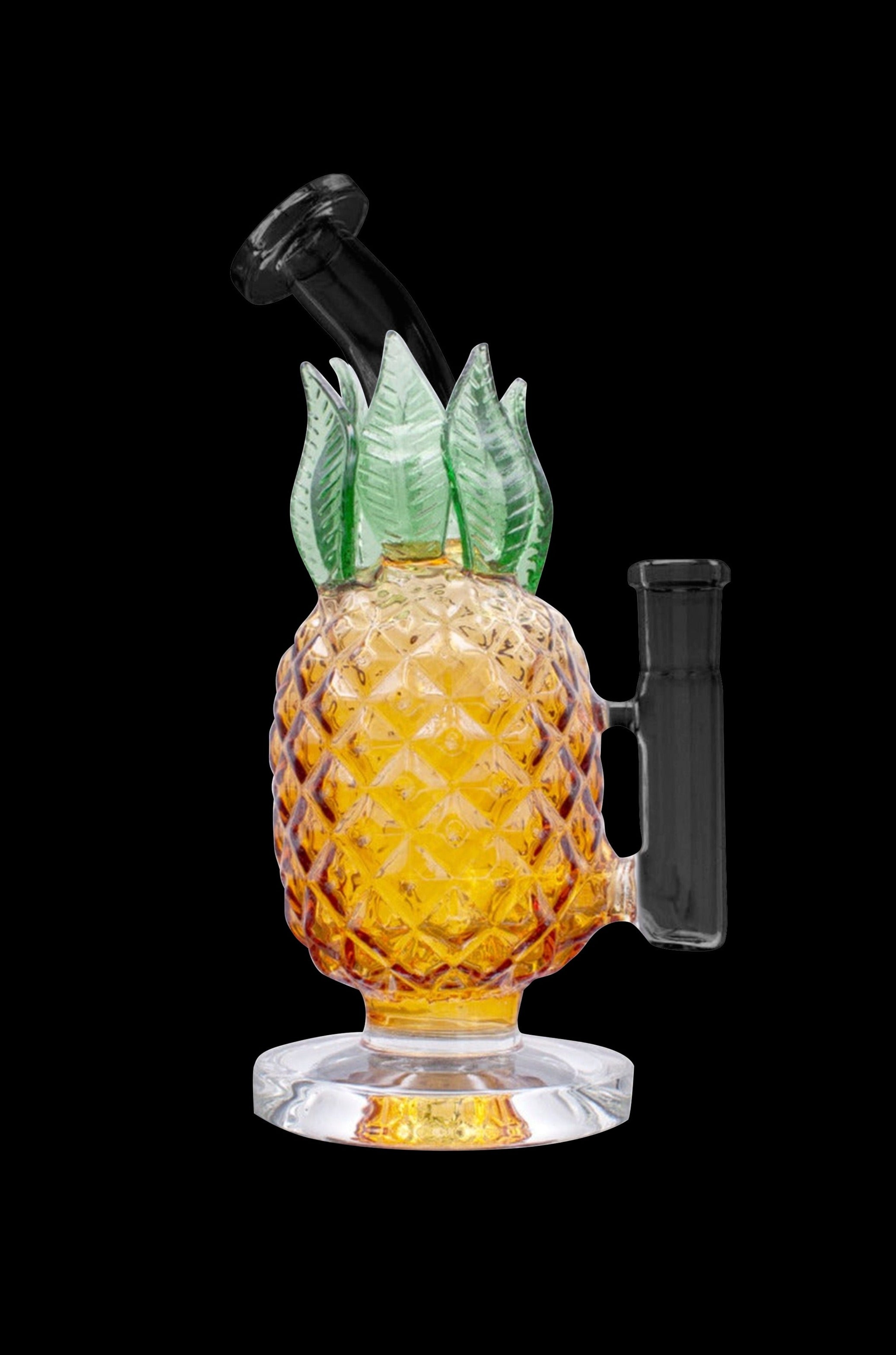 Glass pineapple-shaped water pipe with a clear mouthpiece and downstem, isolated on a black background.
