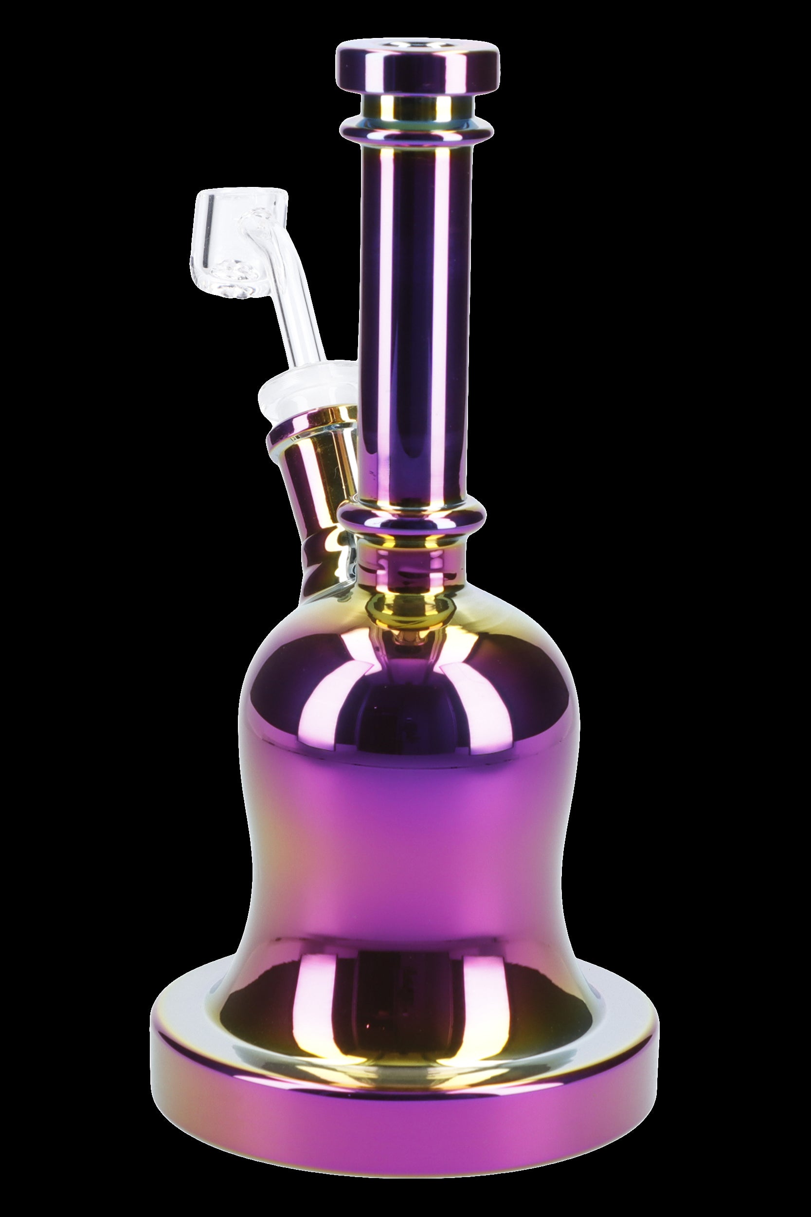 Iridescent glass water pipe (bong) with a clear glass bowl.